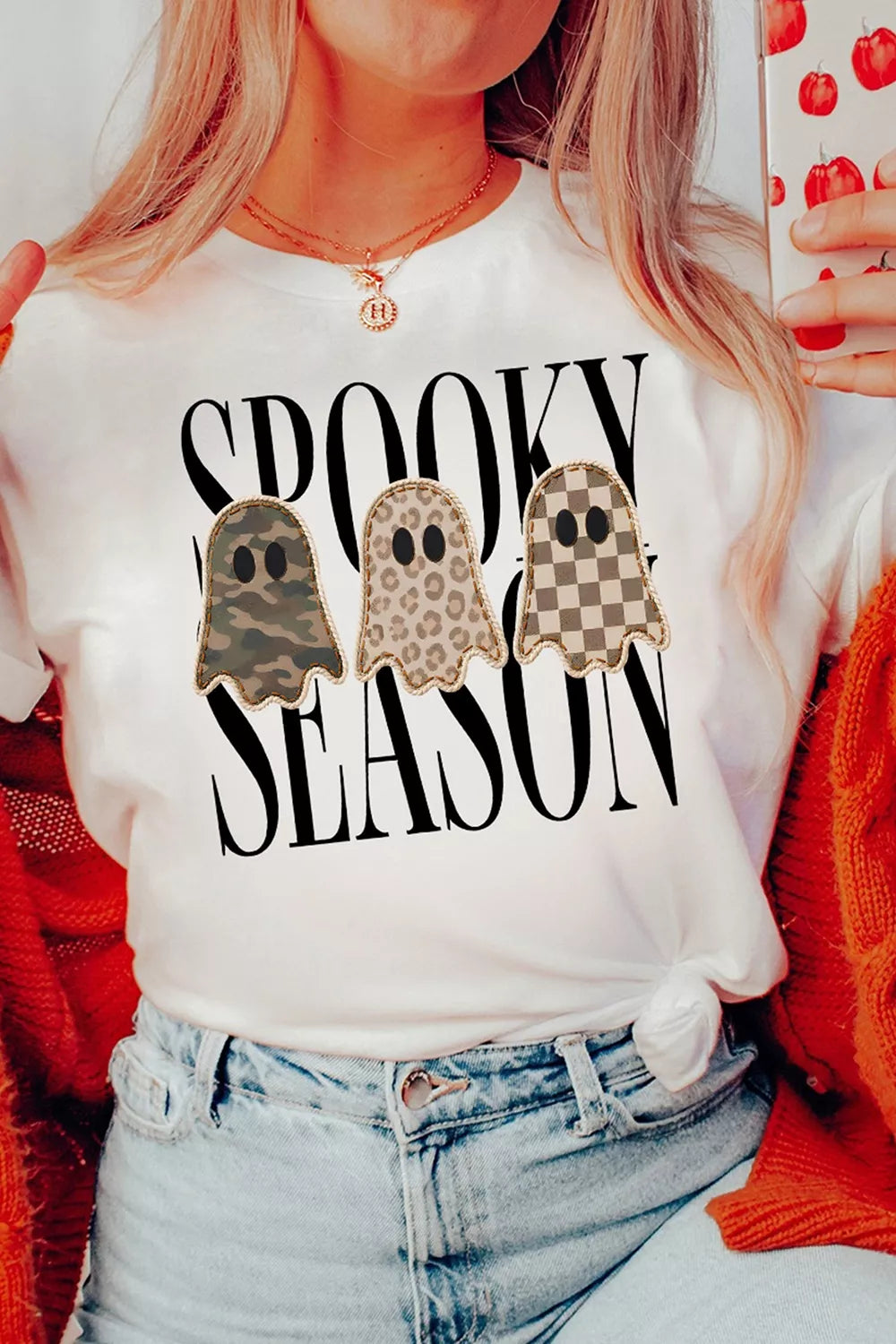 Full Size Spooky Season Ghosts Graphic Short Sleeve Halloween T Shirt Plus Size - Lilixa.store