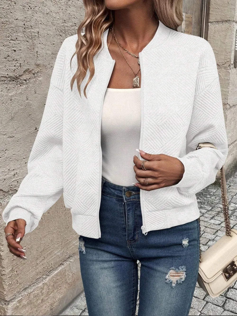 Textured Zip Up Long Sleeve Jacket, view 8
