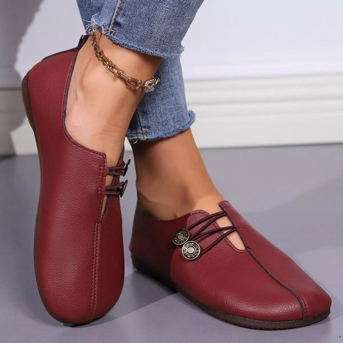 Casual Button Detail Slip-Ons in Red