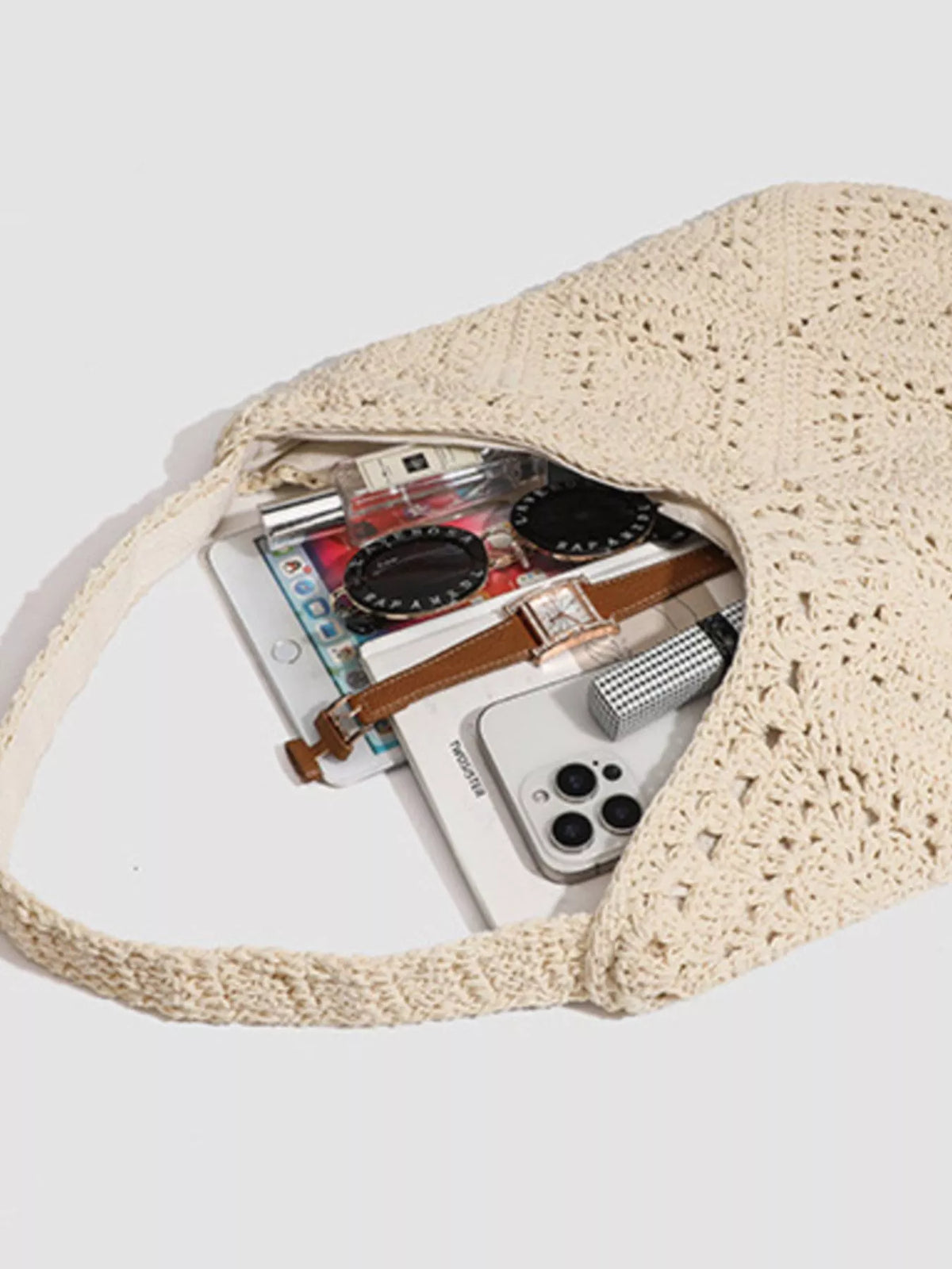 Bohemian Crochet Hollow-Out Tote Bag in Off-white, view 5