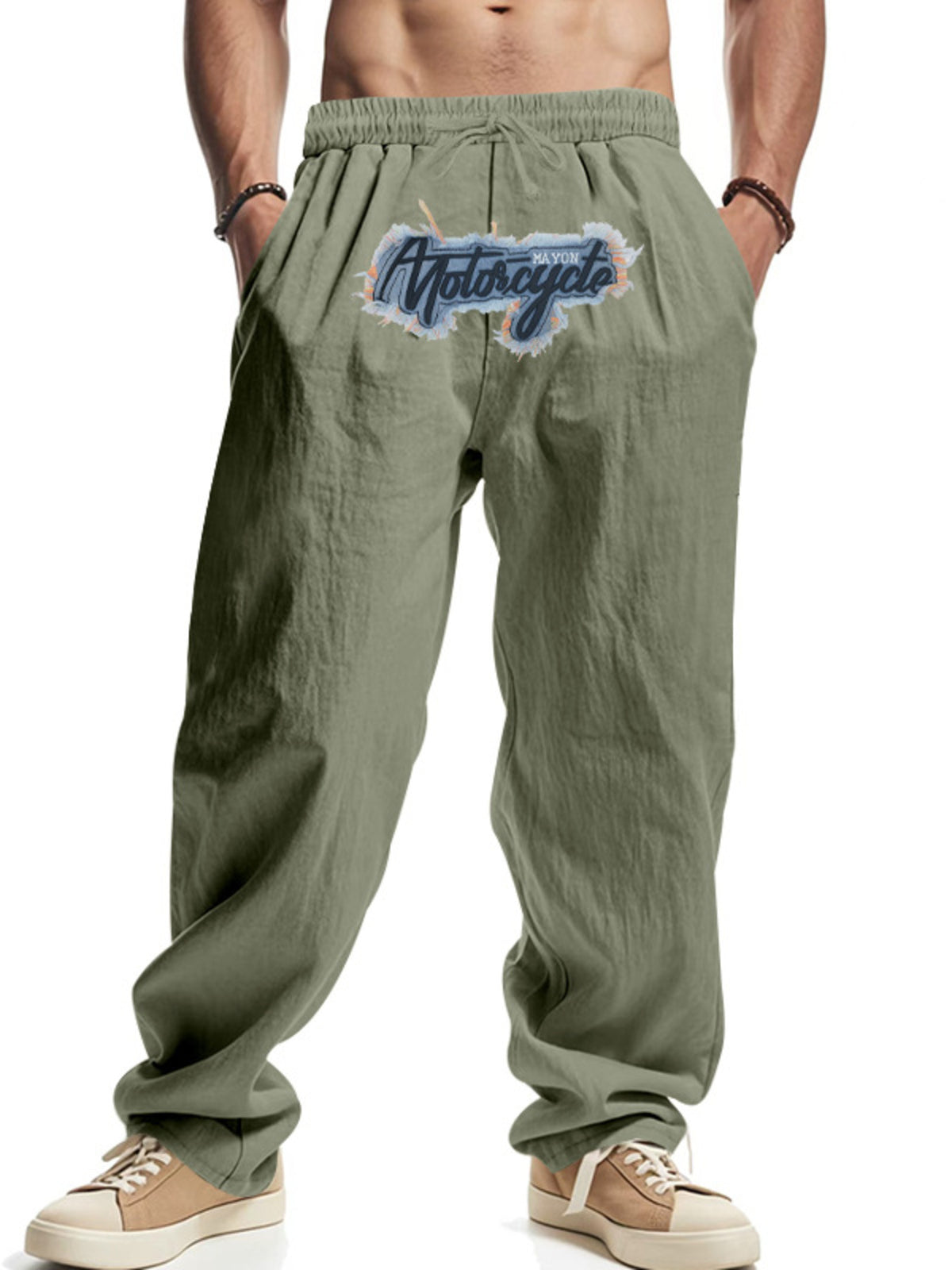 Men's Full Size Drawstring Letter Casual Pants Plus Size in Military Green