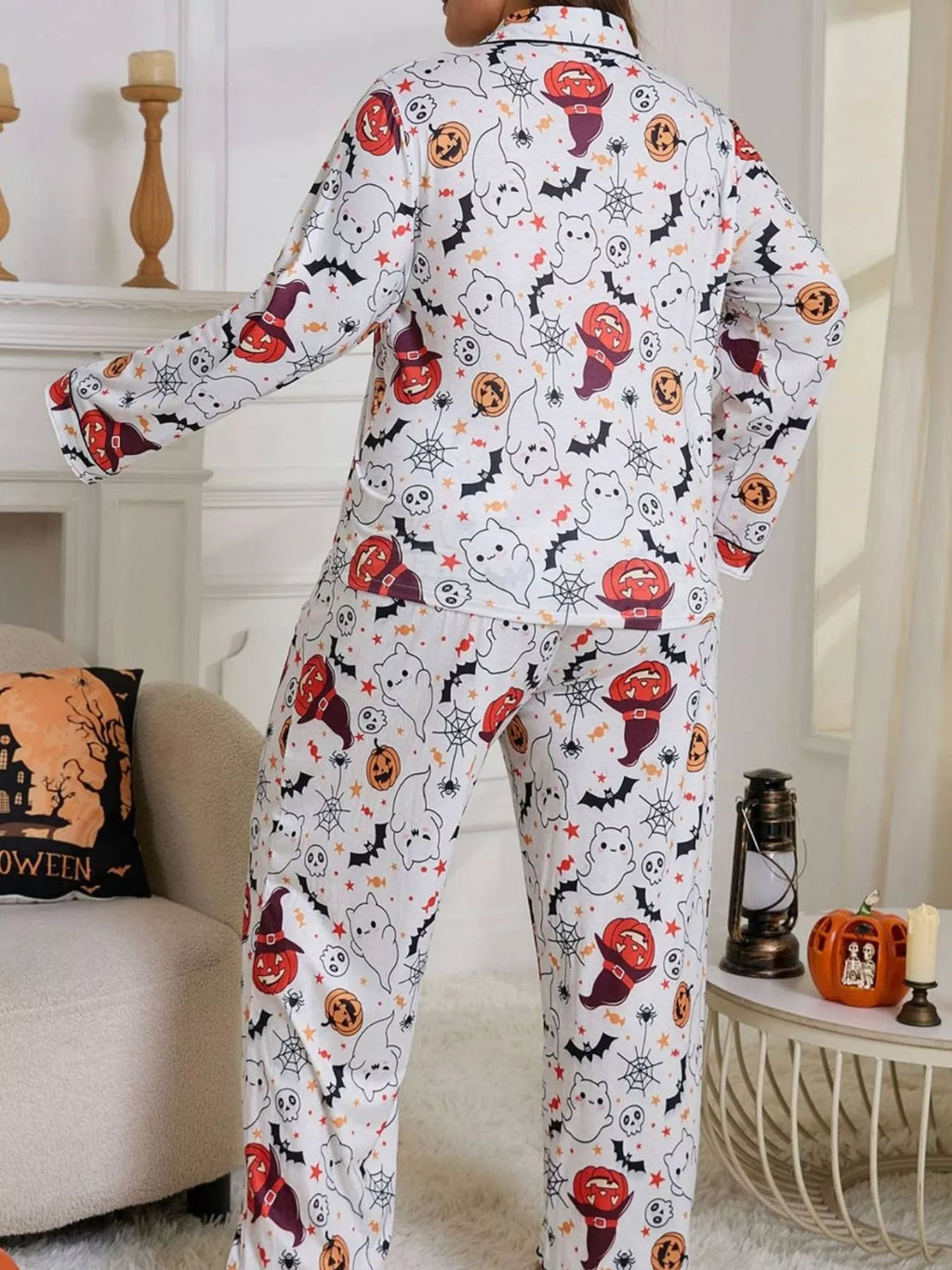 Plus Size Halloween Ghost and Pumpkin Print Top and Pants Lounge Set - Lilixa.store