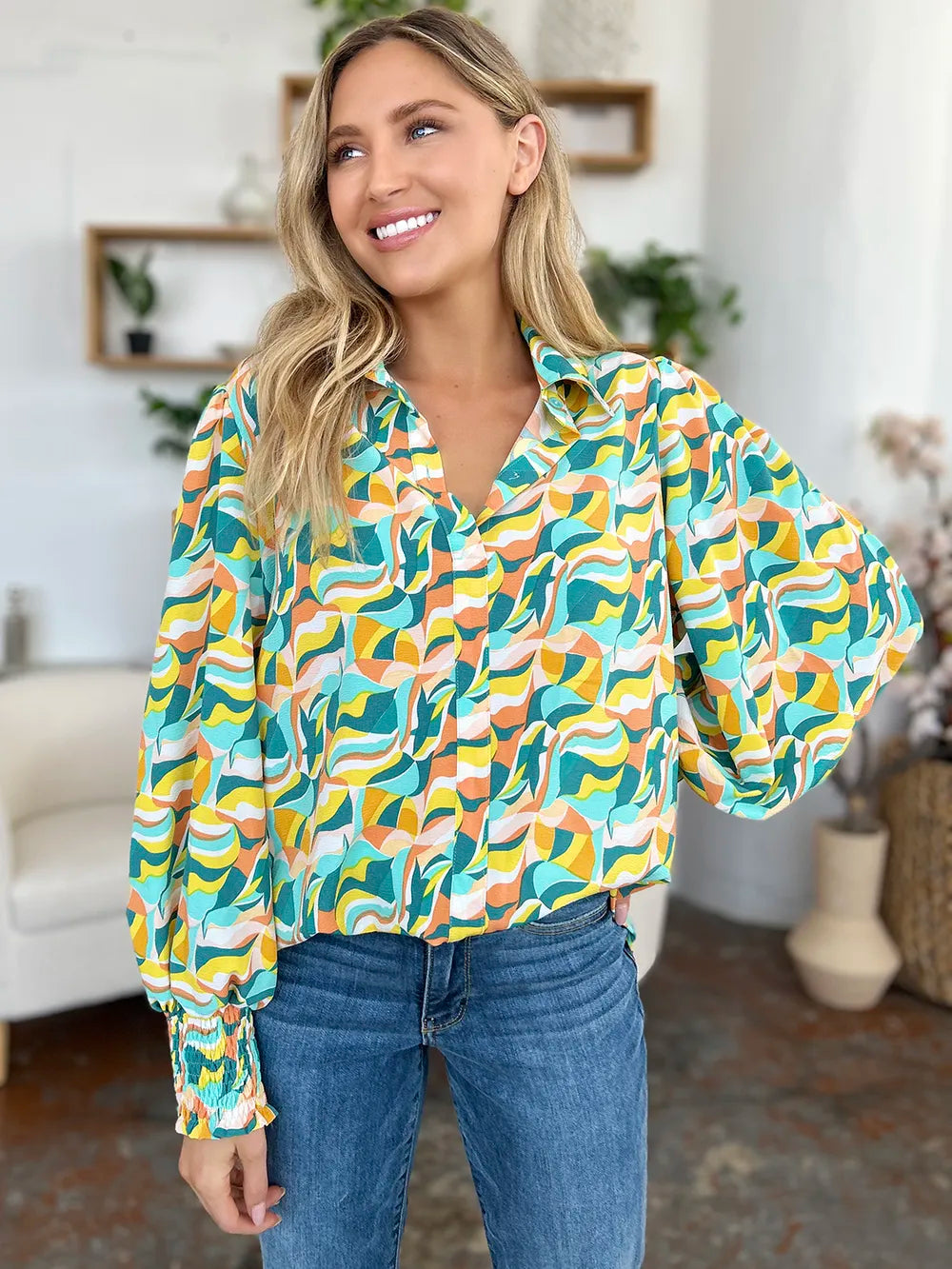 Double Take Full Size Printed Smocked Long Sleeve Blouse - Lilixa.store