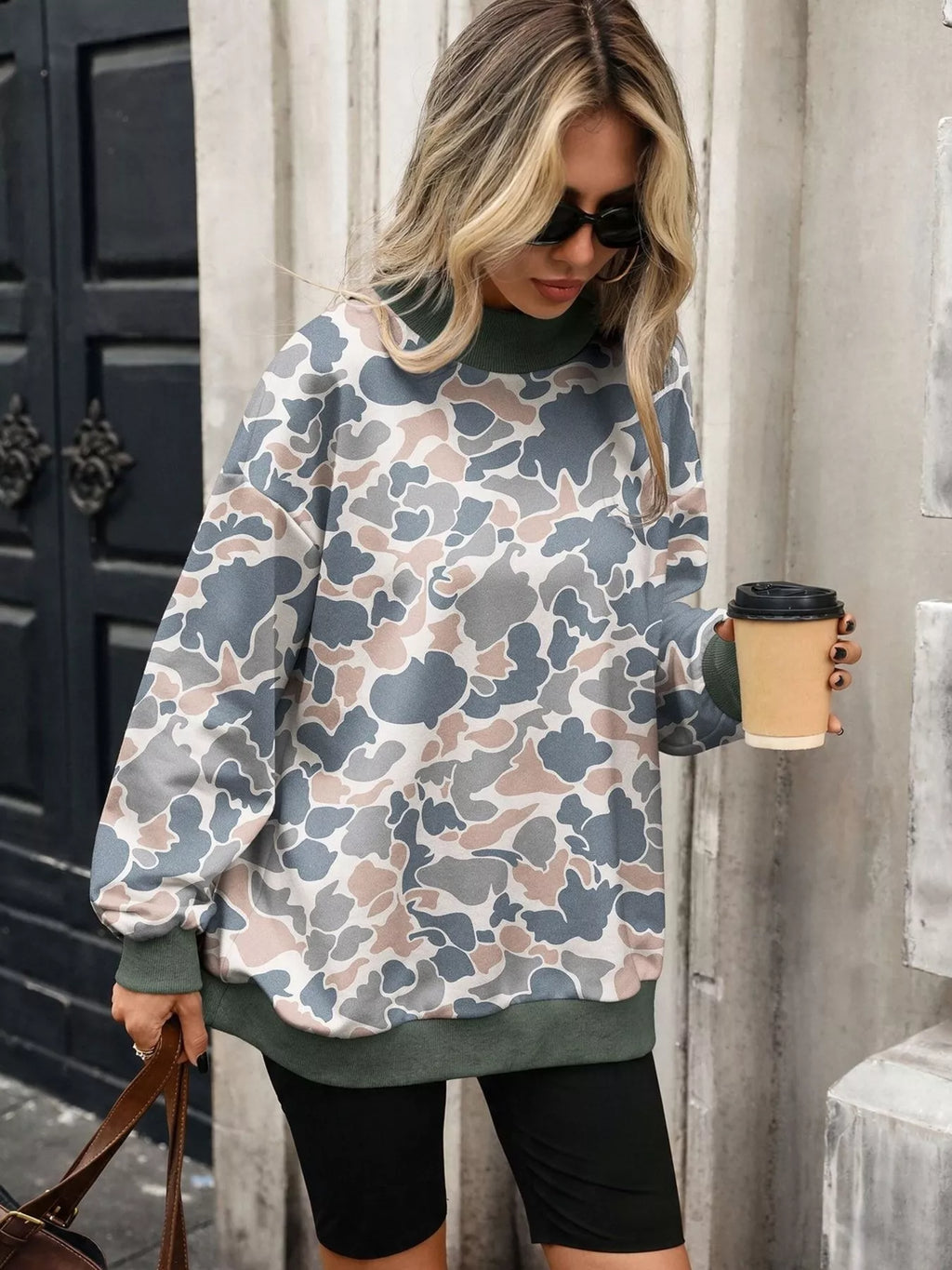 Camouflage Print Mock Neck Sweatshirt - Lilixa.store