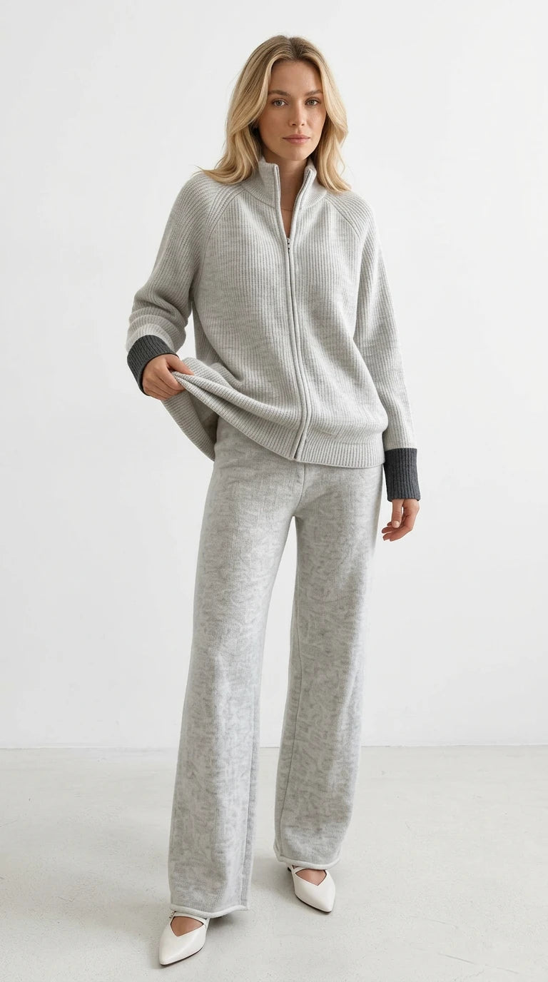 Zip-Up Contrast Cuff Cardigan and Pants Sweater Set in Beige