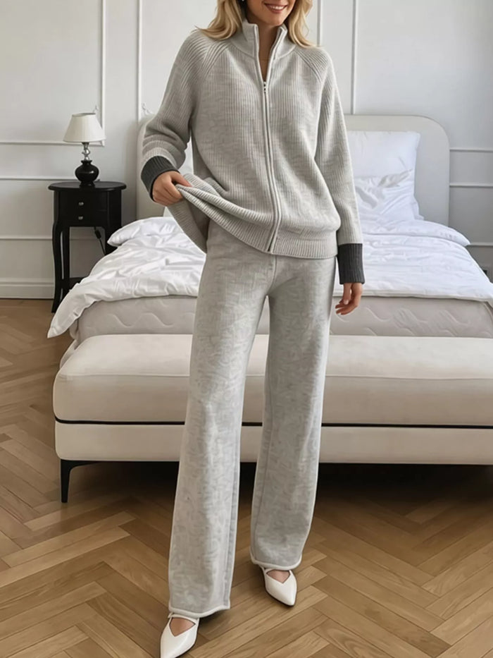 Zip-Up Contrast Cuff Cardigan and Pants Sweater Set in Beige
