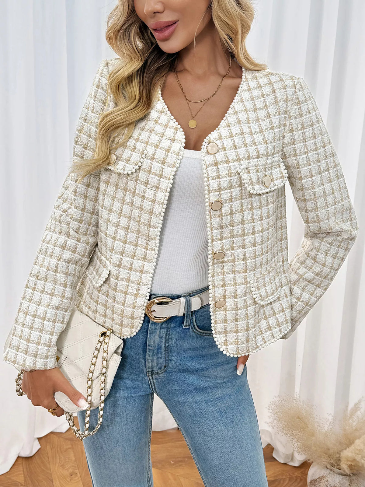 Pearl Trim Button Up Tweed Outerwear - Lilixa.store
