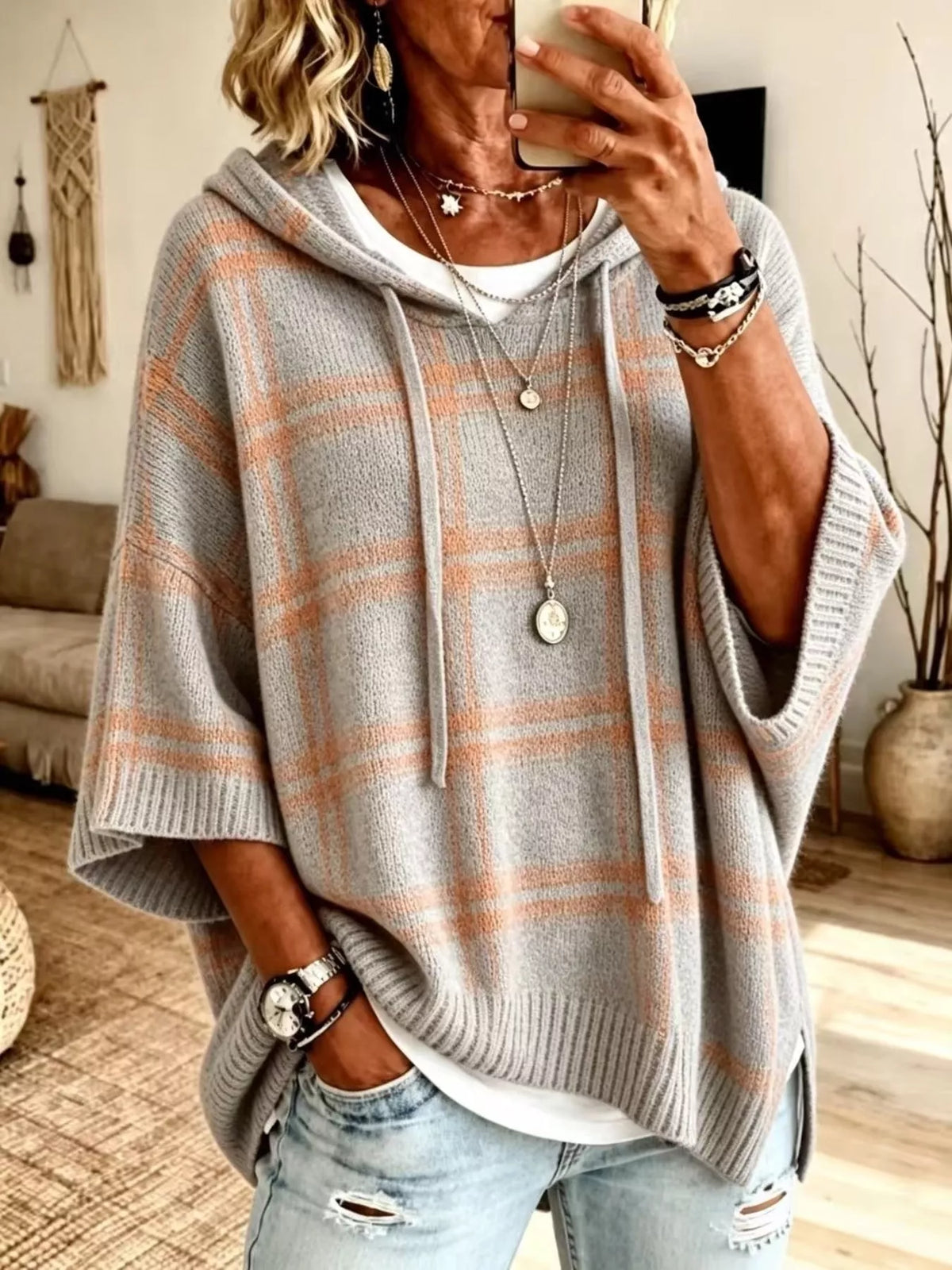 Plaid Hooded Knit Sweater in Light Gray