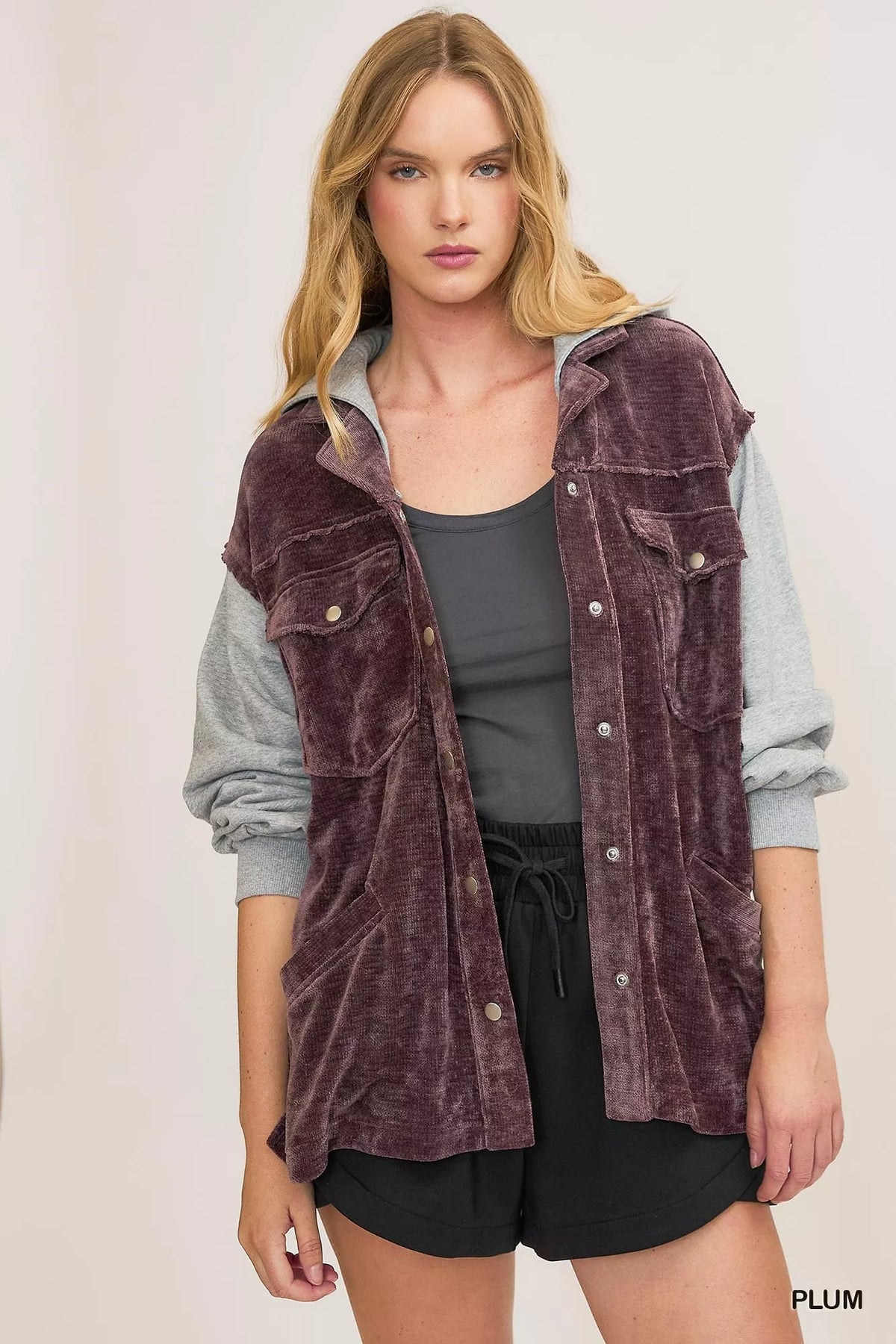Umgee Contrast Hooded Chenille Jacket in Plum, view 2