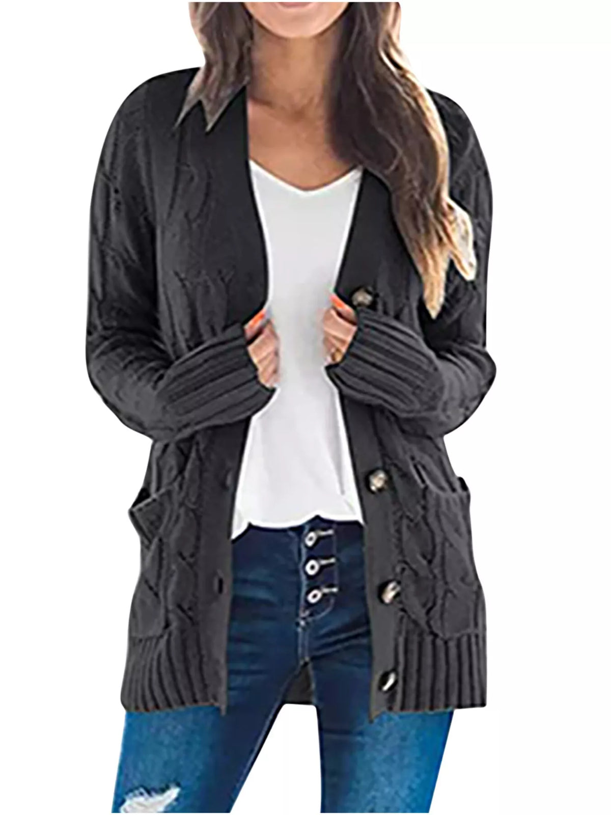Full Size Chunky Cable Knit Button-Down Cardigan Plus Size - Lilixa.store
