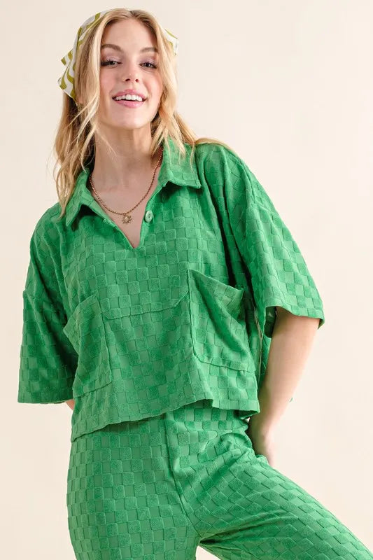 And The Why Brushed Texture Checker Board Pattern Casual Top - Lilixa.store