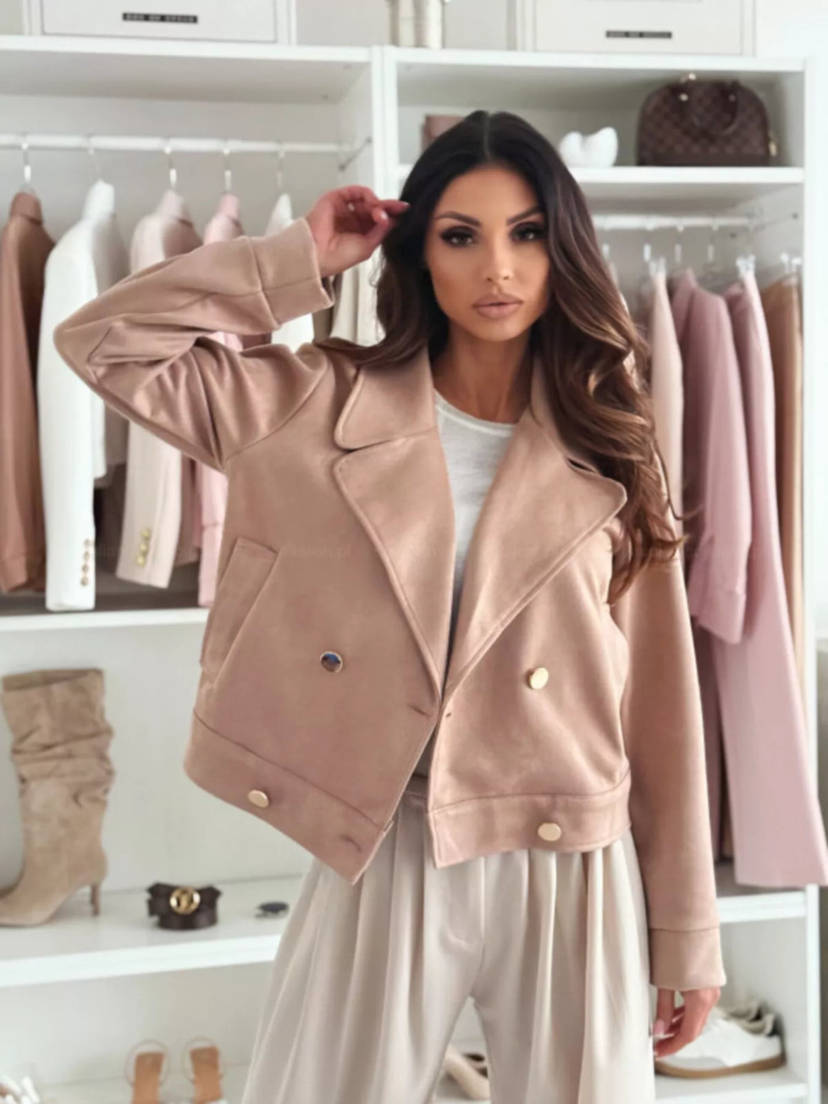 Double-Breasted Lapel Collar Jacket in Khaki