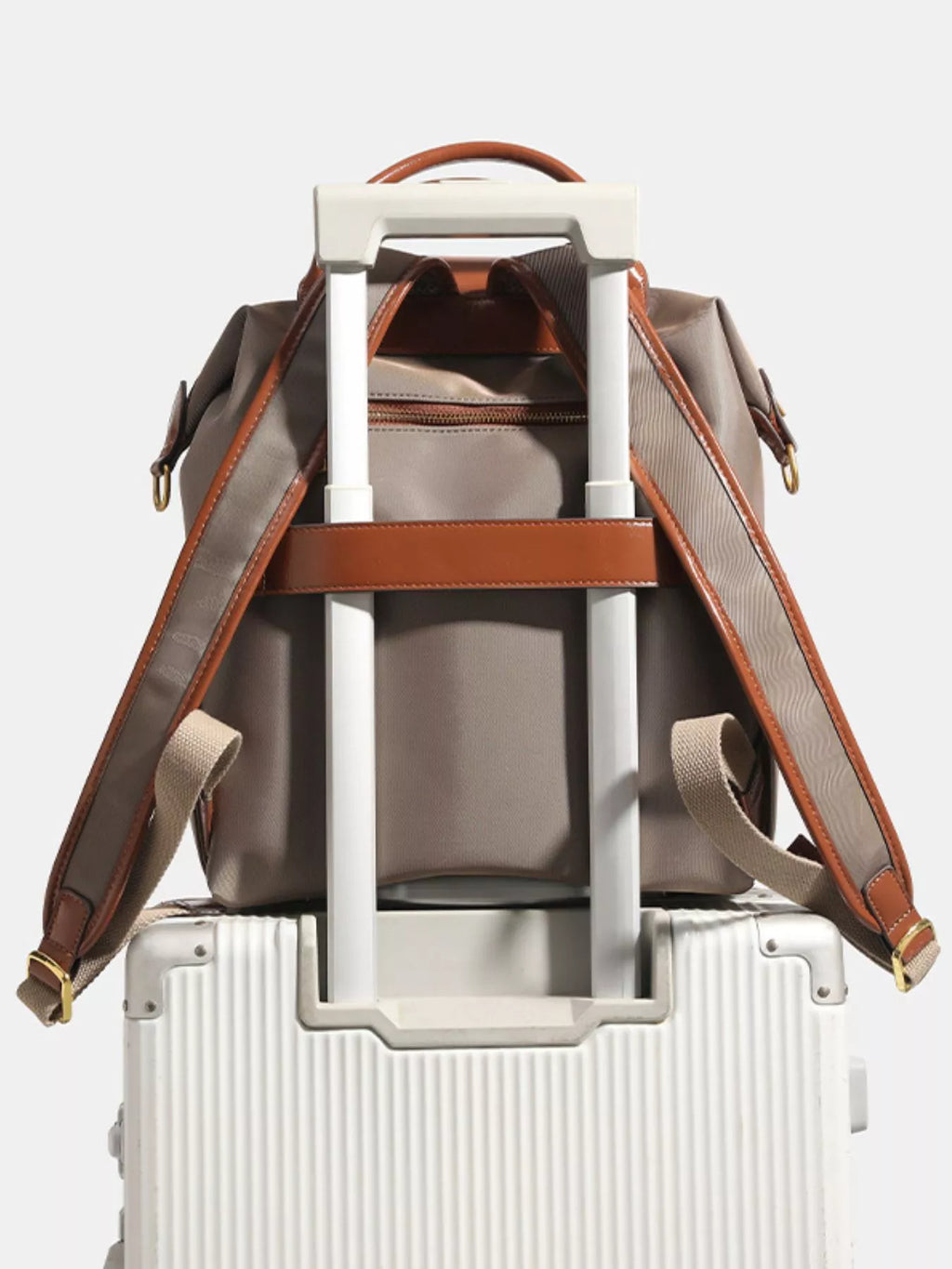 Leather Trim Backpack Bag in Mocha, view 6
