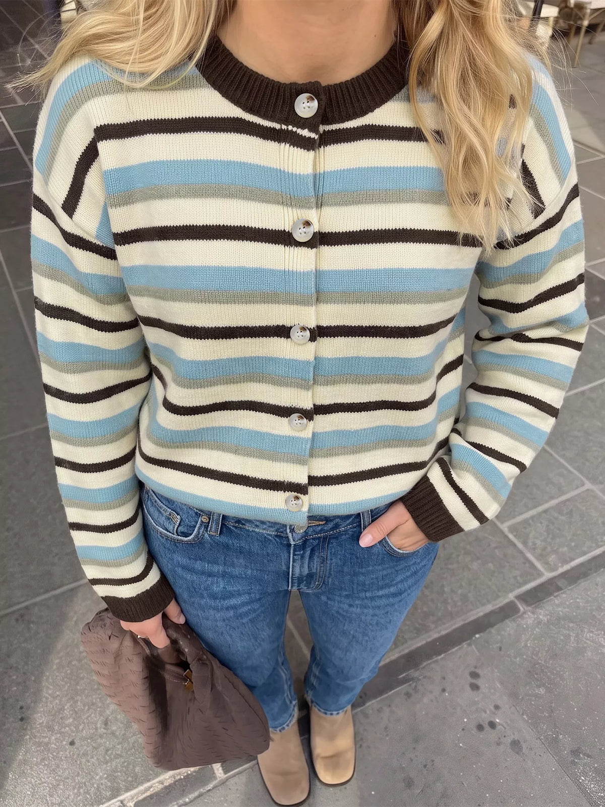 Striped Crew Neck Button-Down Cardigan - Lilixa.store