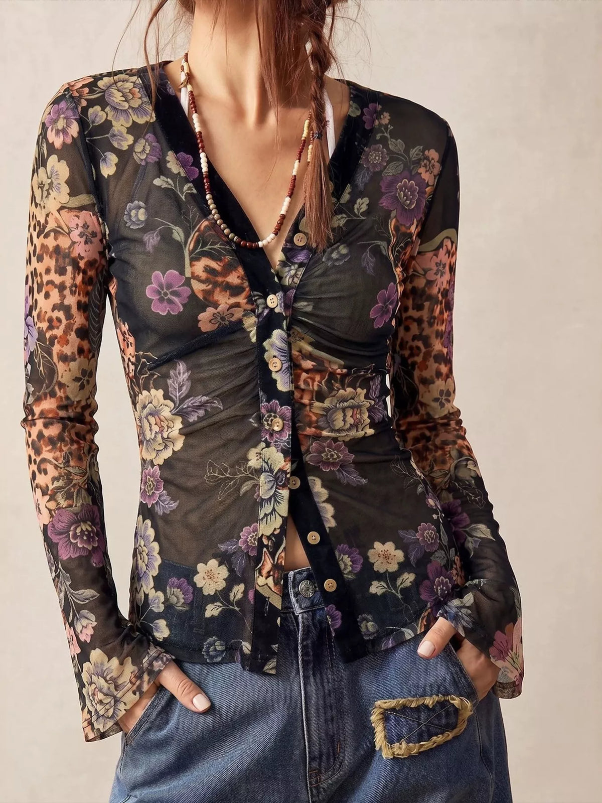 Printed Flare Sleeve Button Down Top