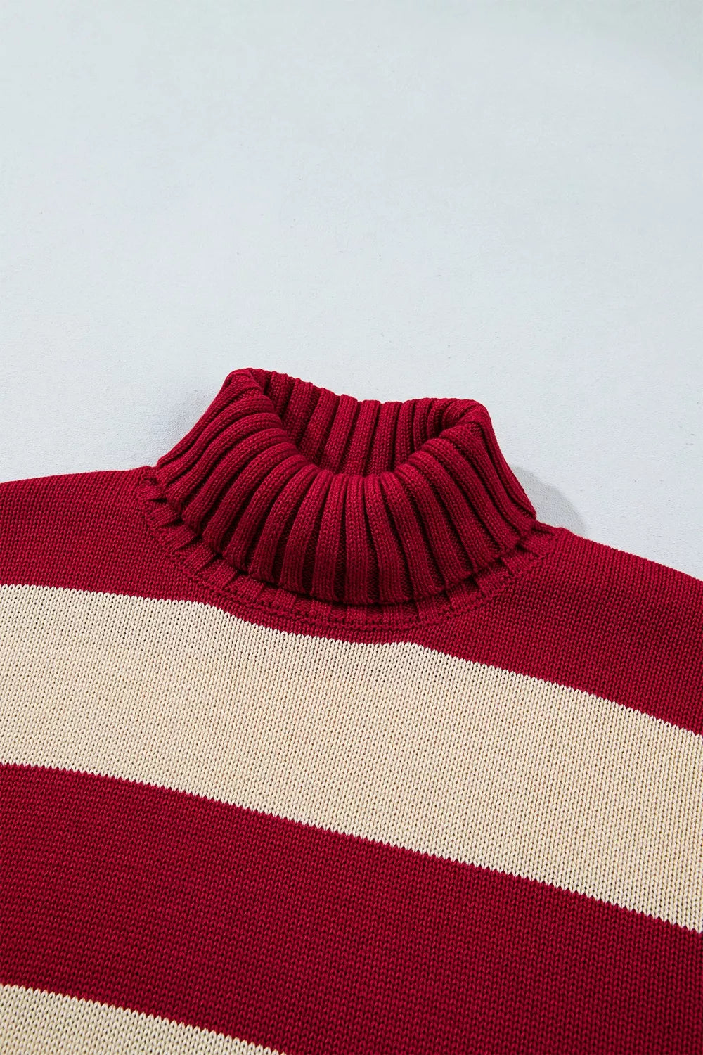 Stripe Ribbed Trim High Neck Relaxed Pullover Sweater
