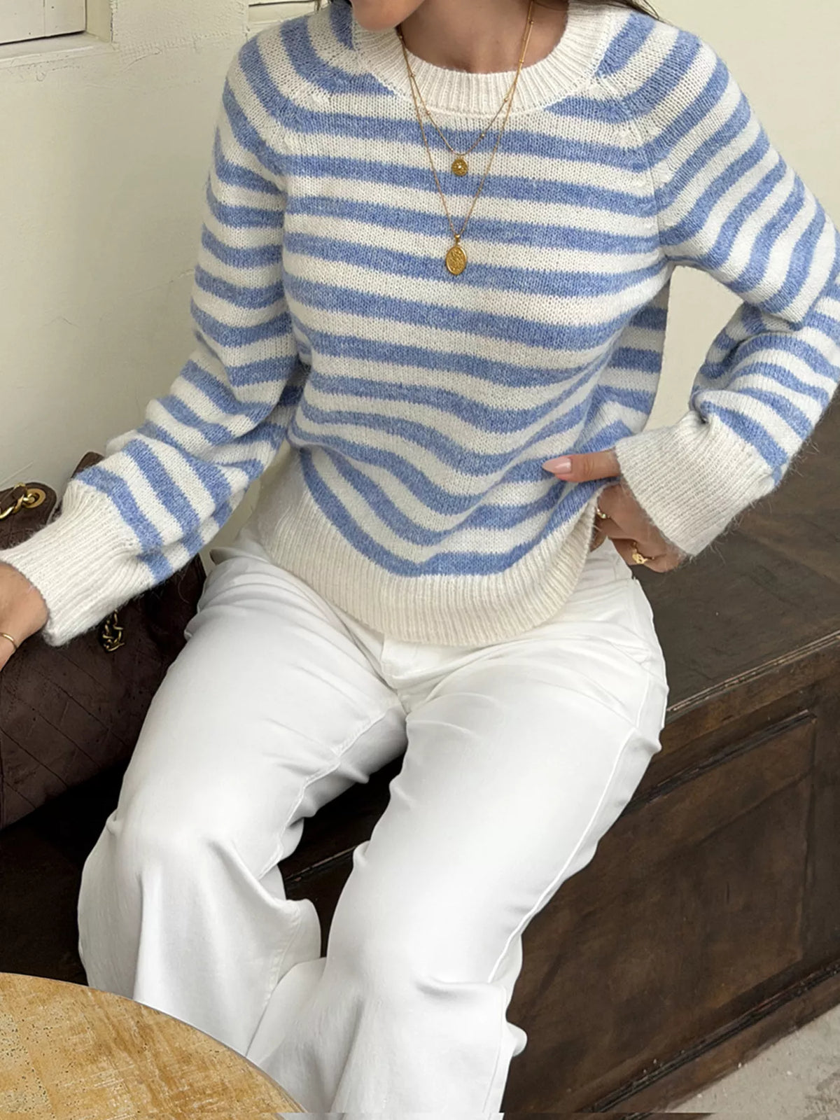 Striped Crew Neck Dropped Shoulder Sweater - Lilixa.store