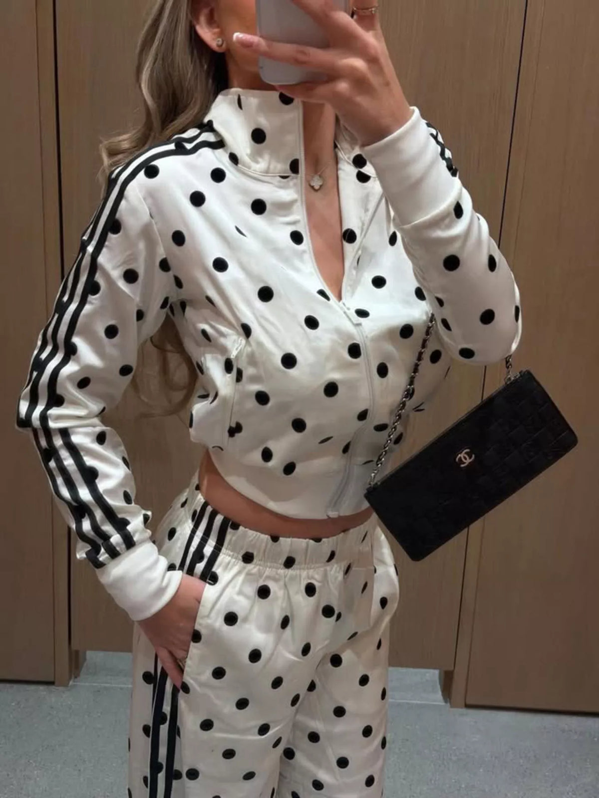 Polka Dot Side Striped Outerwear and Pants Set - Lilixa.store