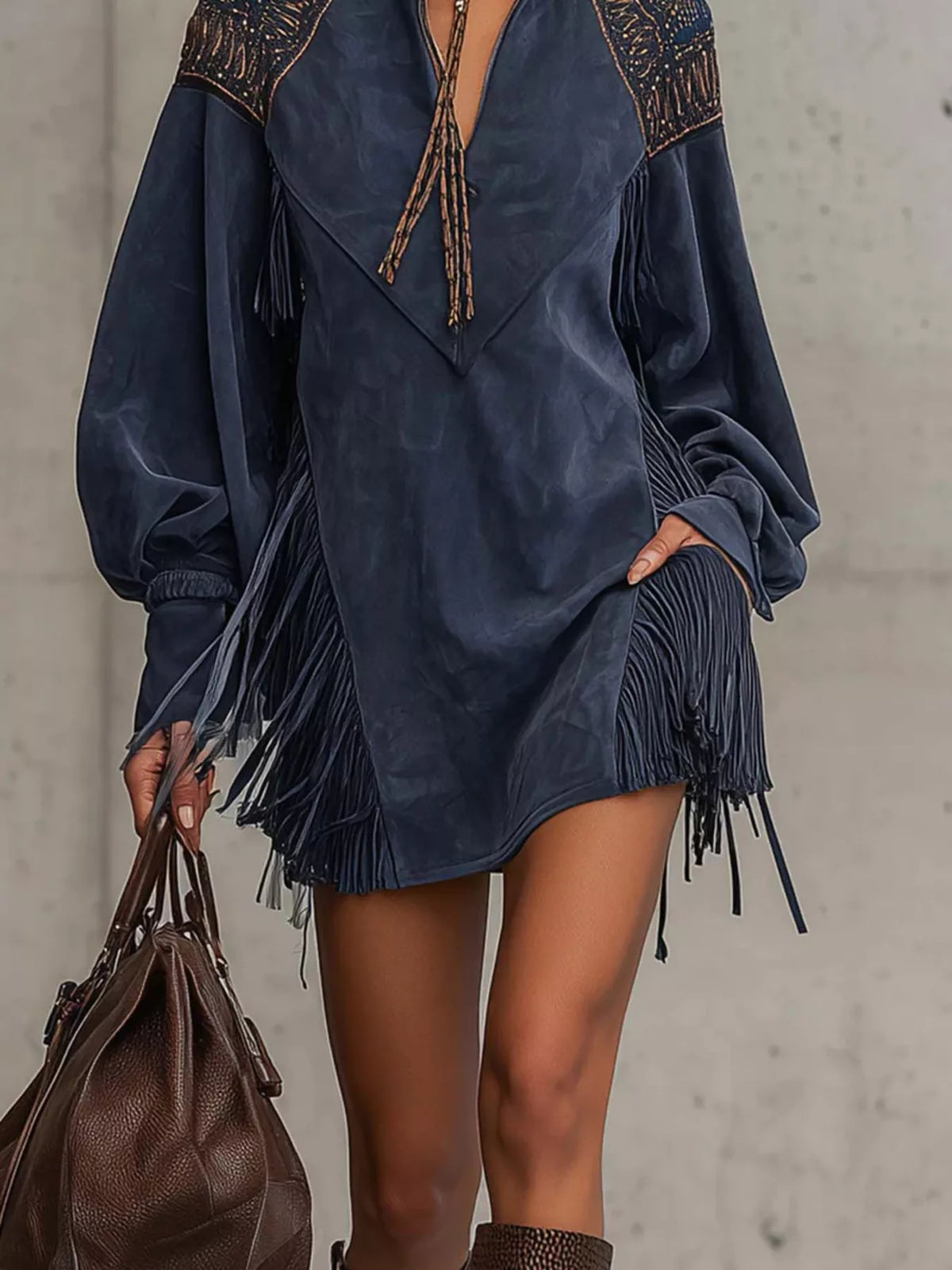 Fringed Lantern Sleeve Mini Dress - Lilixa.store