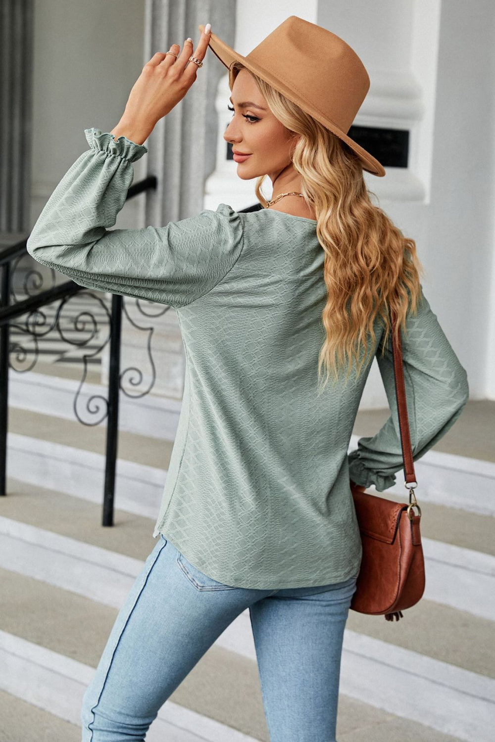 Round Neck Flounce Sleeve Blouse, view 14