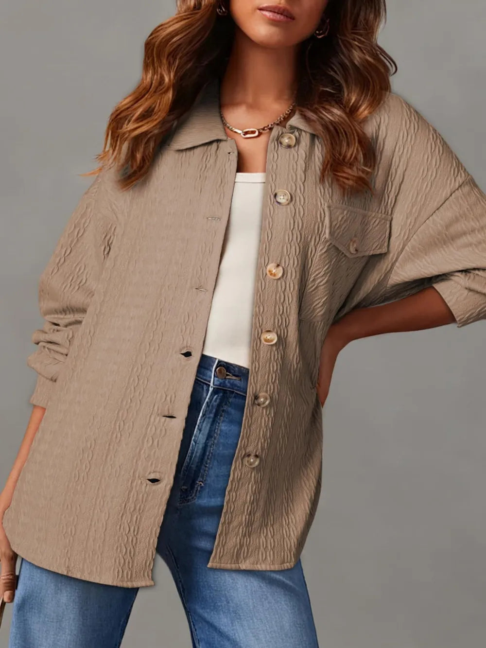 Textured Button Up Long Sleeve Shacket, view 5