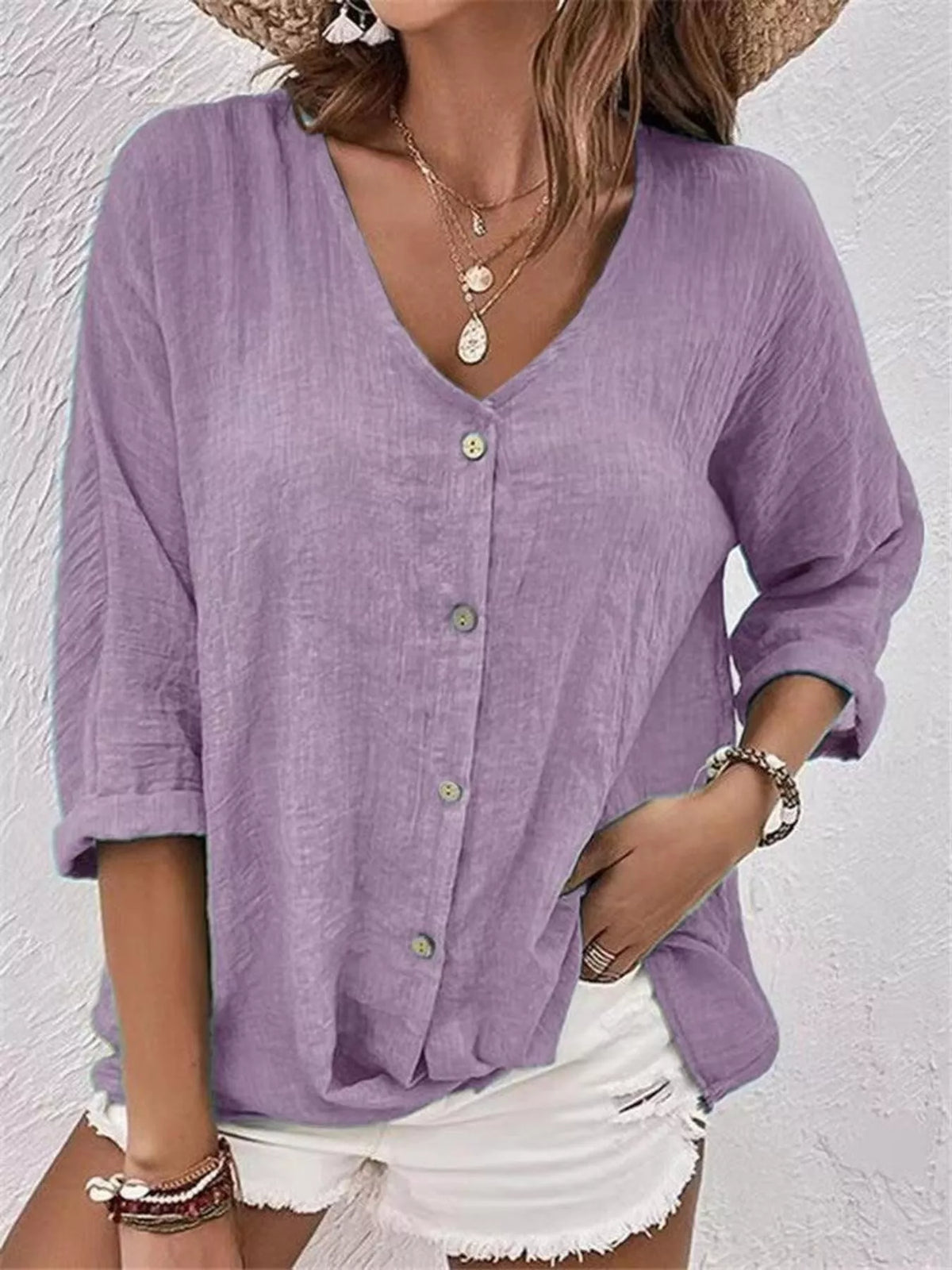 Full Size Casual V-Neck Button-Down Blouse Plus Size in Purple