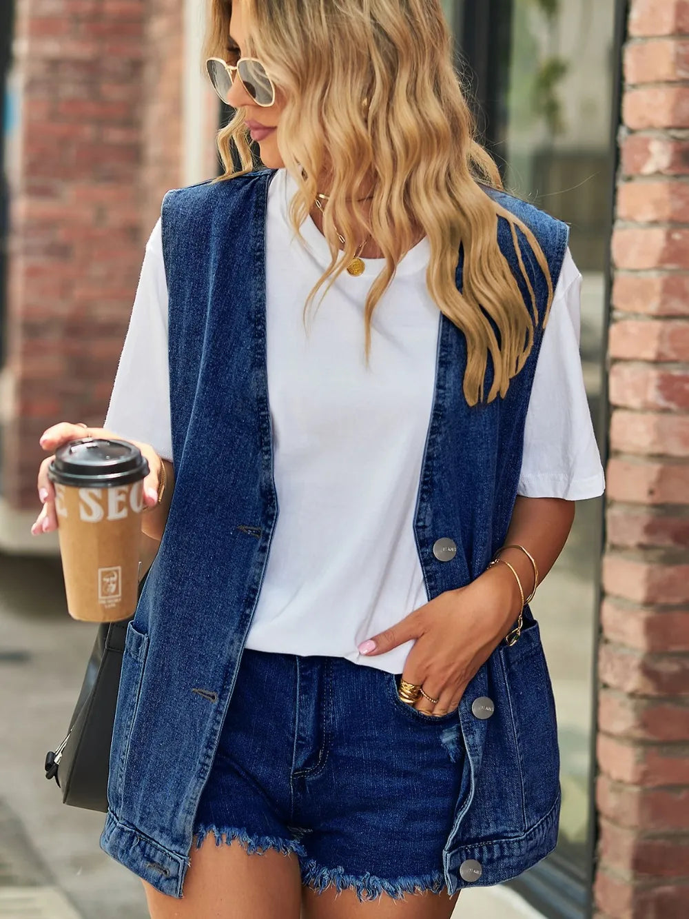Full Size V-Neck Button Up Denim Vest - Lilixa.store