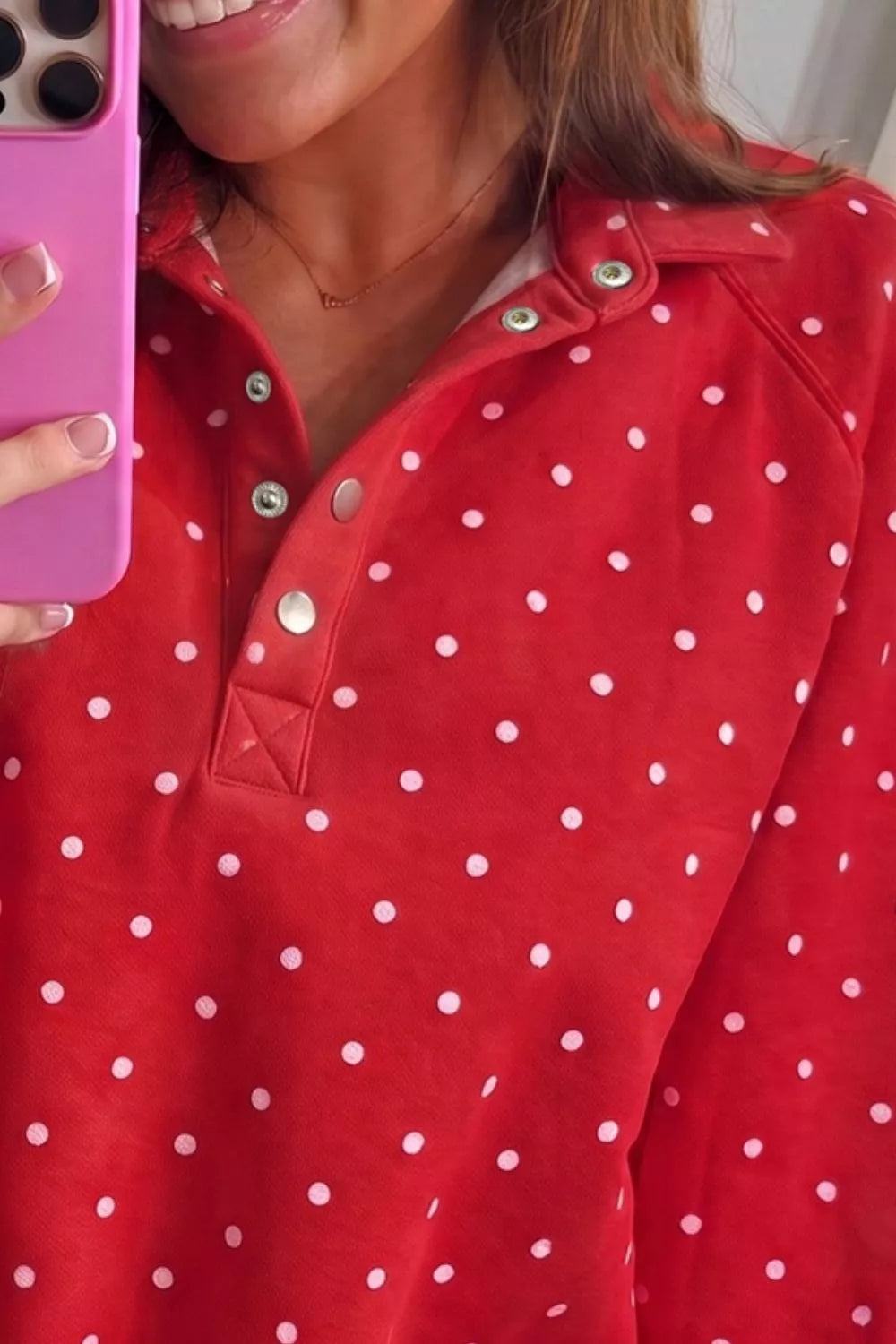 Polka Dot Snap-Button Sweatshirt in Deep Red, view 3