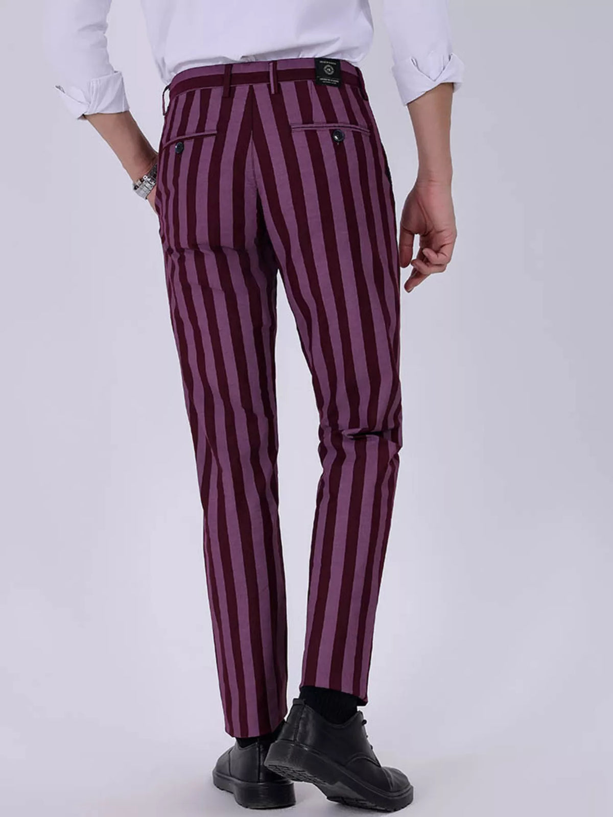 Men's Striped Slim-Fit Pants in Plum Purple, view 3