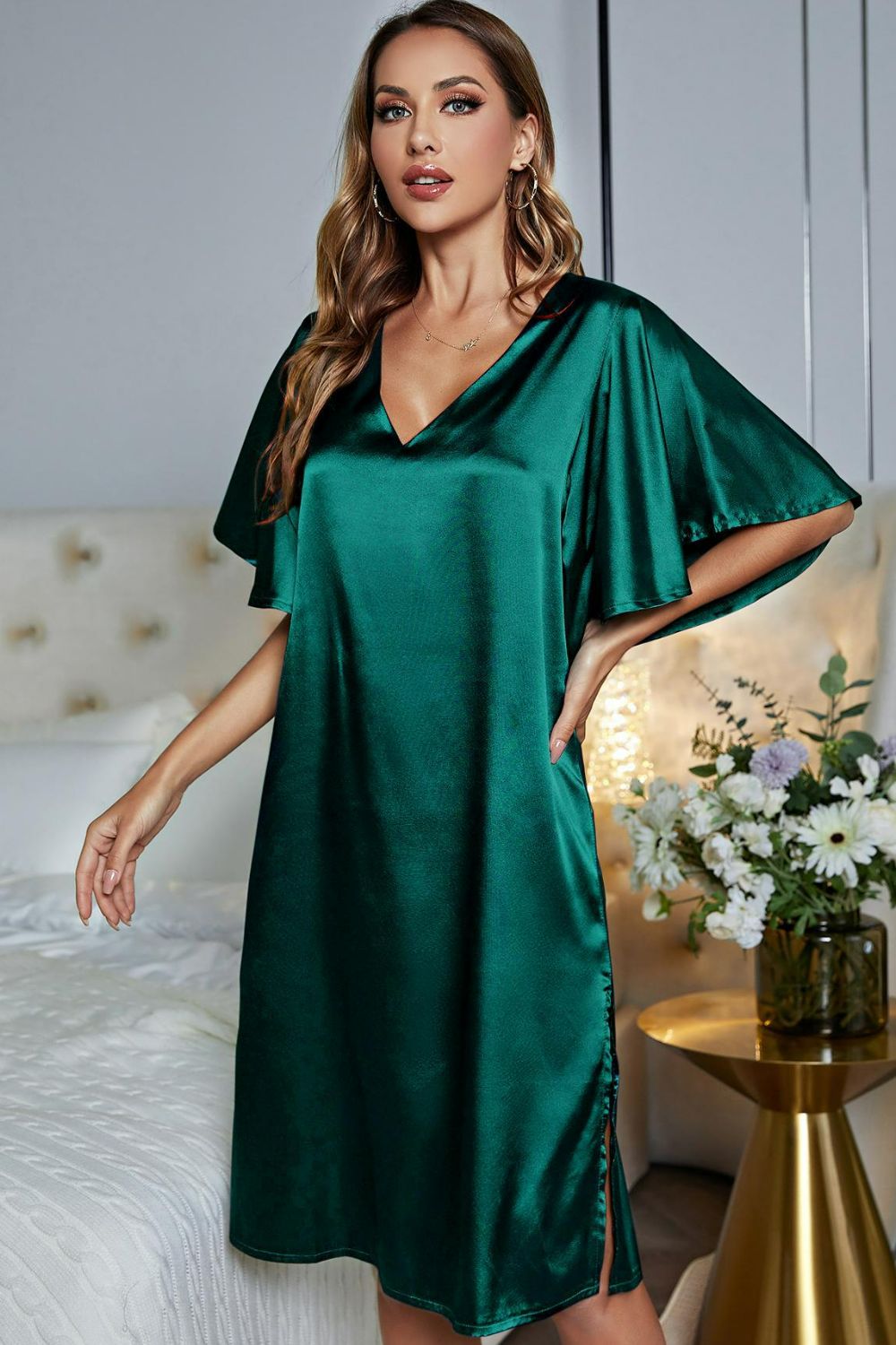Satin Flutter Sleeve Side Slit V-Neck Night Dress - Lilixa.store