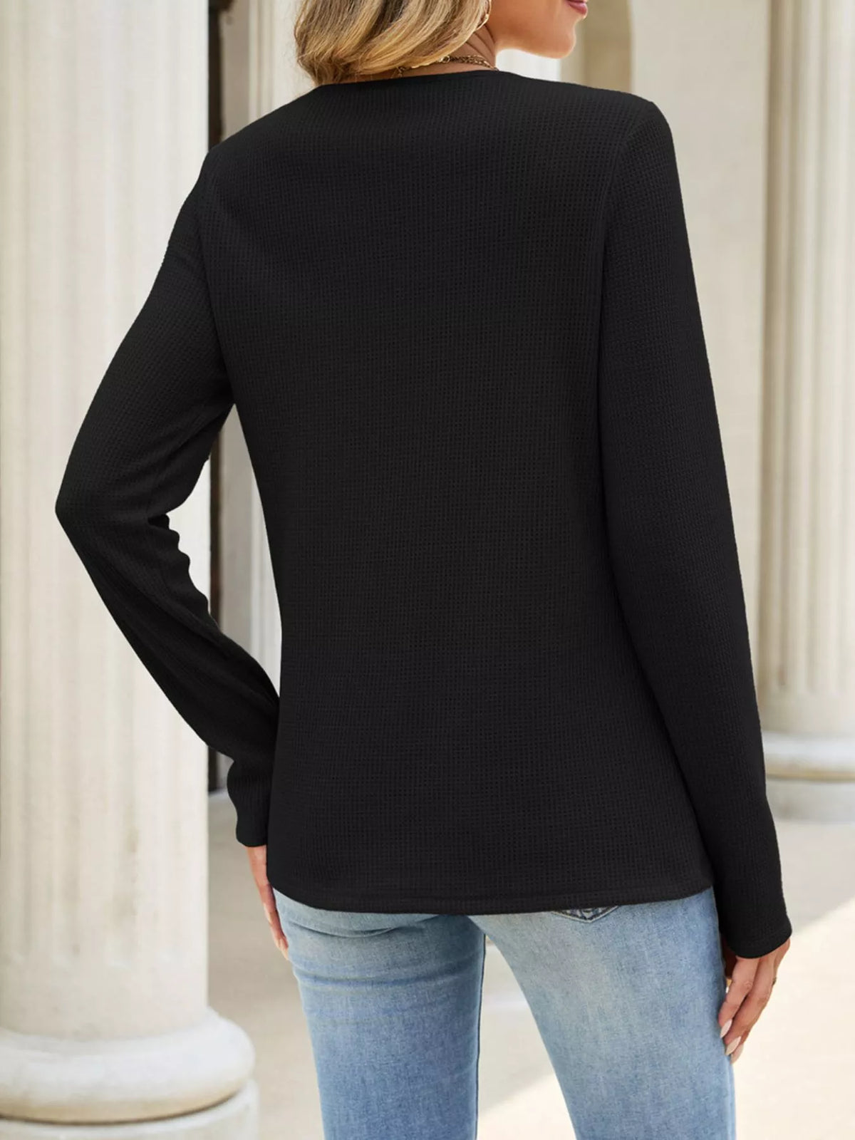 Lace Panel Waffle Knit Long Sleeve T-Shirt