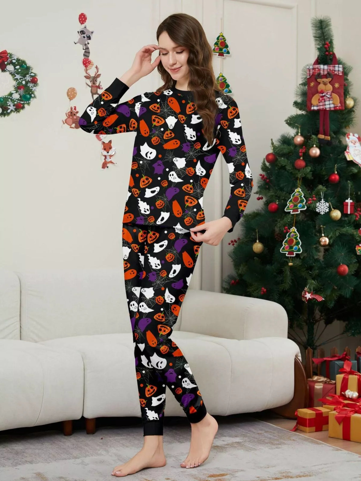 Full Size Halloween Themed Family Matching Pajama Set with Ghost and Pumpkin Print Plus Size