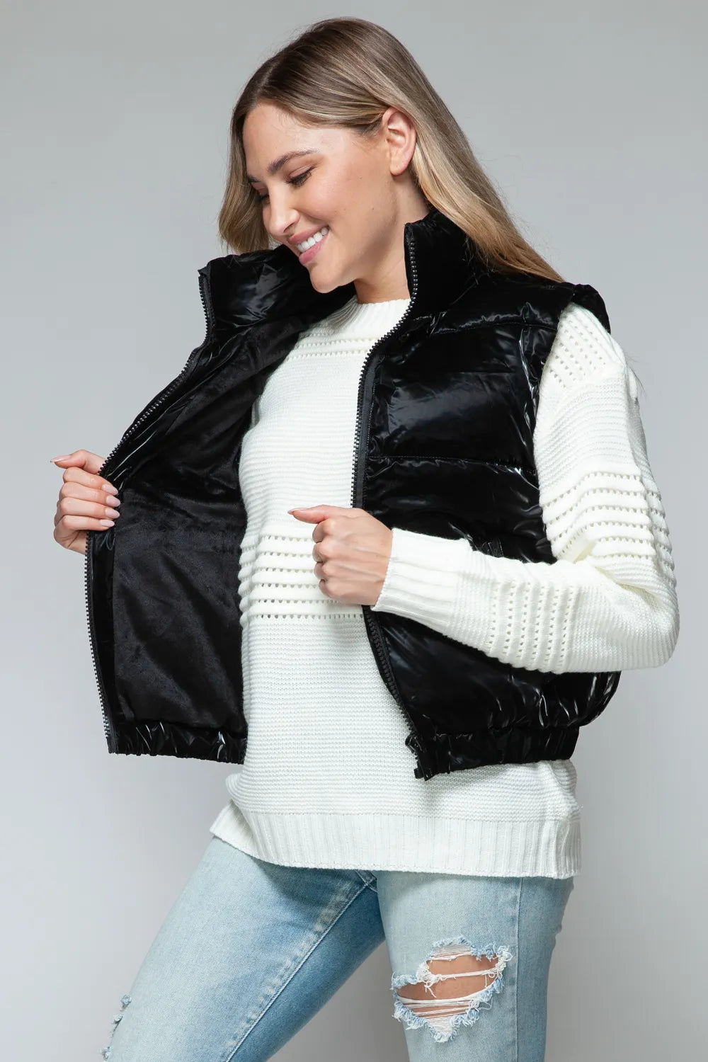 Snobbish Fine Fur Lining Quilted Vest in Black, view 3