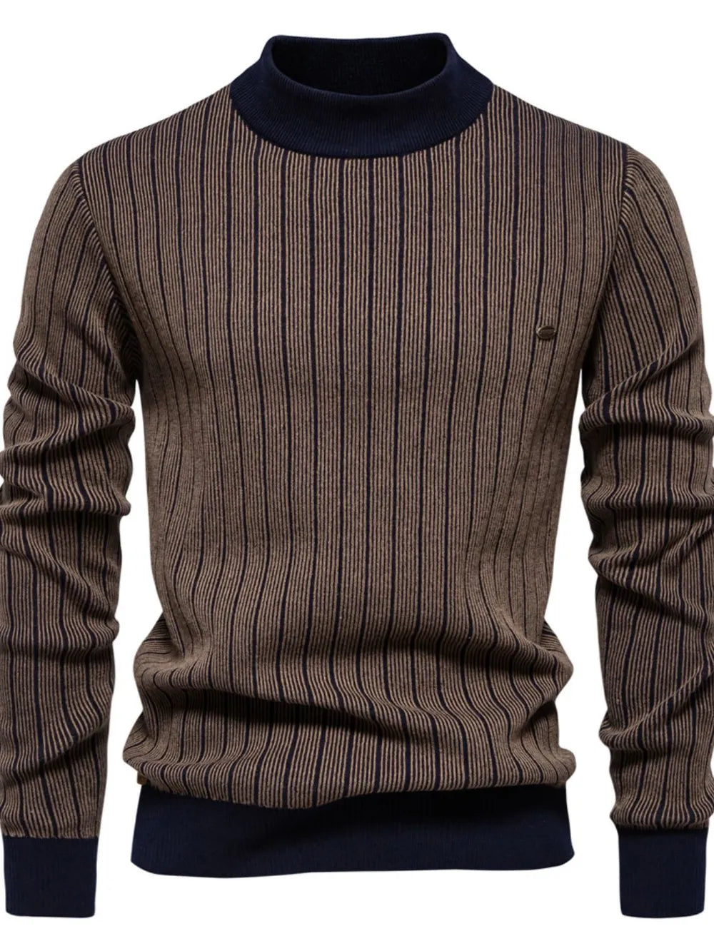 Men's Mock Neck Contrast Striped Sweater in Brown