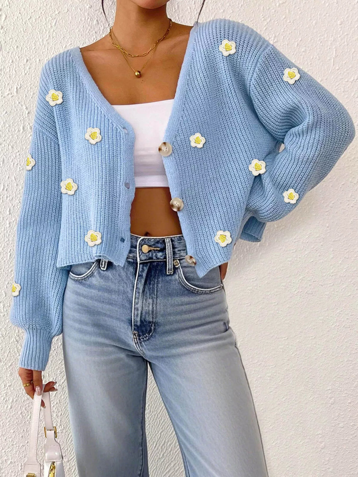 Floral V-Neck Button-Down Cropped Cardigan - Lilixa.store