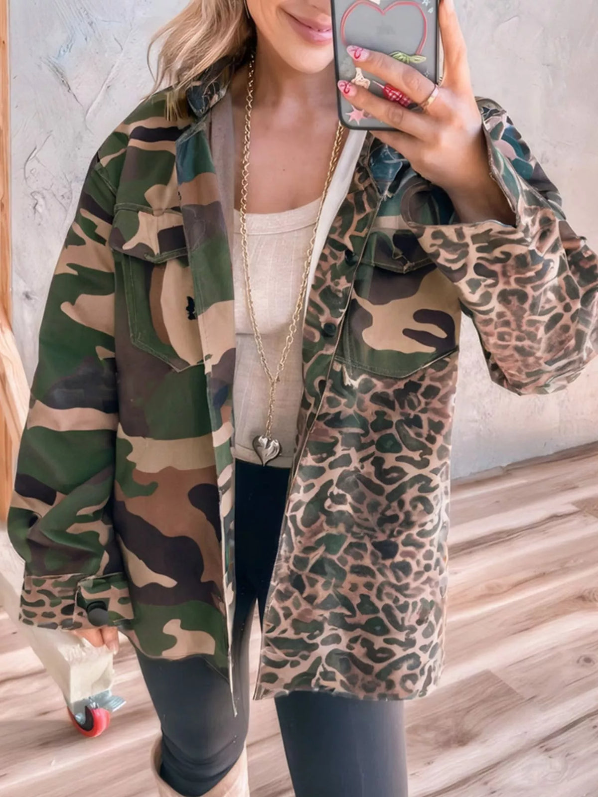 Camouflage Leopard Print Mixed Pattern Oversized Jacket in Green Camouflage