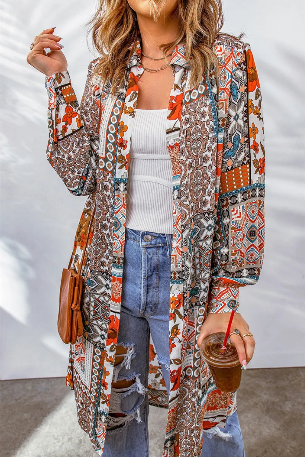 Printed Button Up Long Sleeve Cardigan, view 15