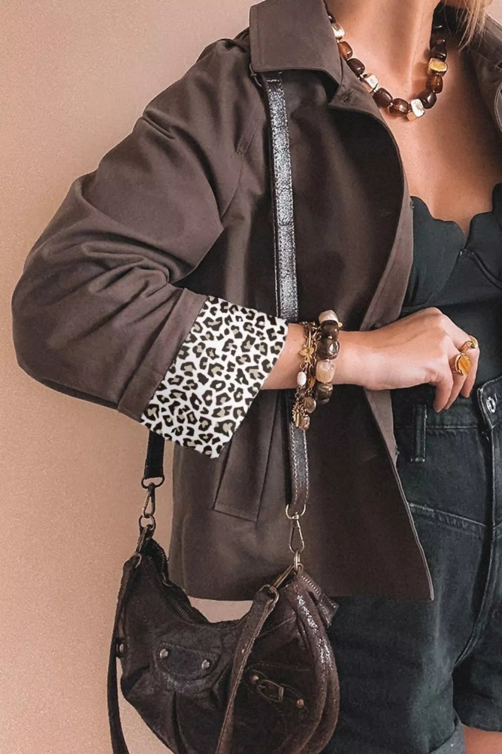 Button Up Raglan Sleeve Shacket in Coffee Brown, view 3