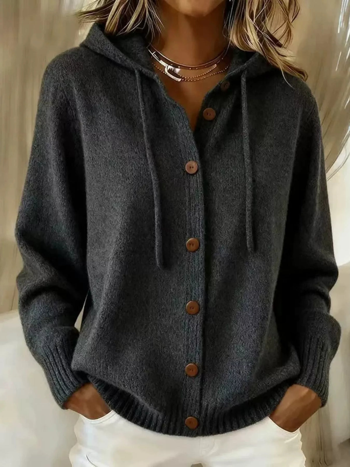 Full Size Hooded Button-Down Knit Cardigan Plus Size - Lilixa.store