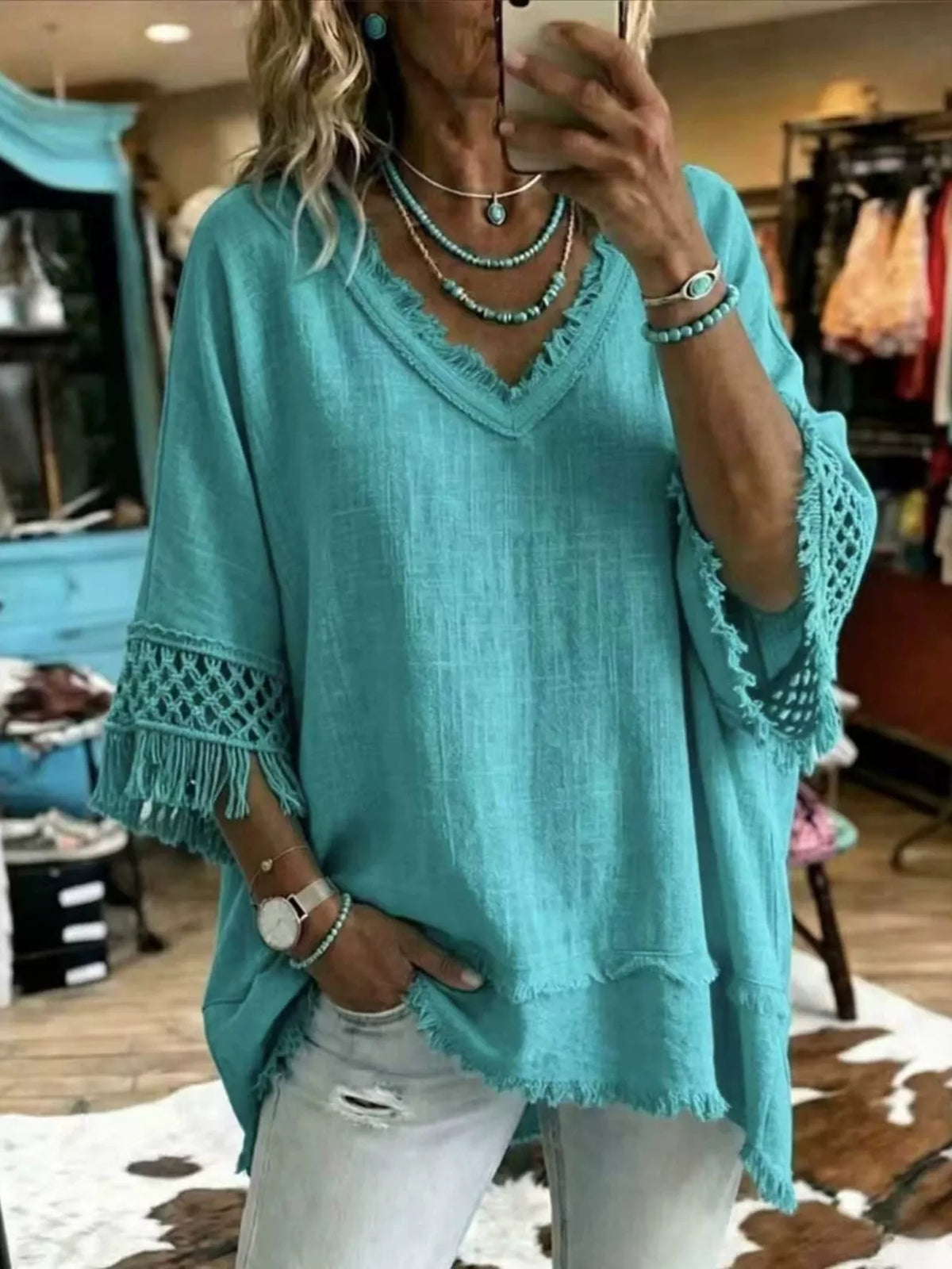 Full Size Fringe Trim V-Neck Loose Fit Blouse Plus Size
