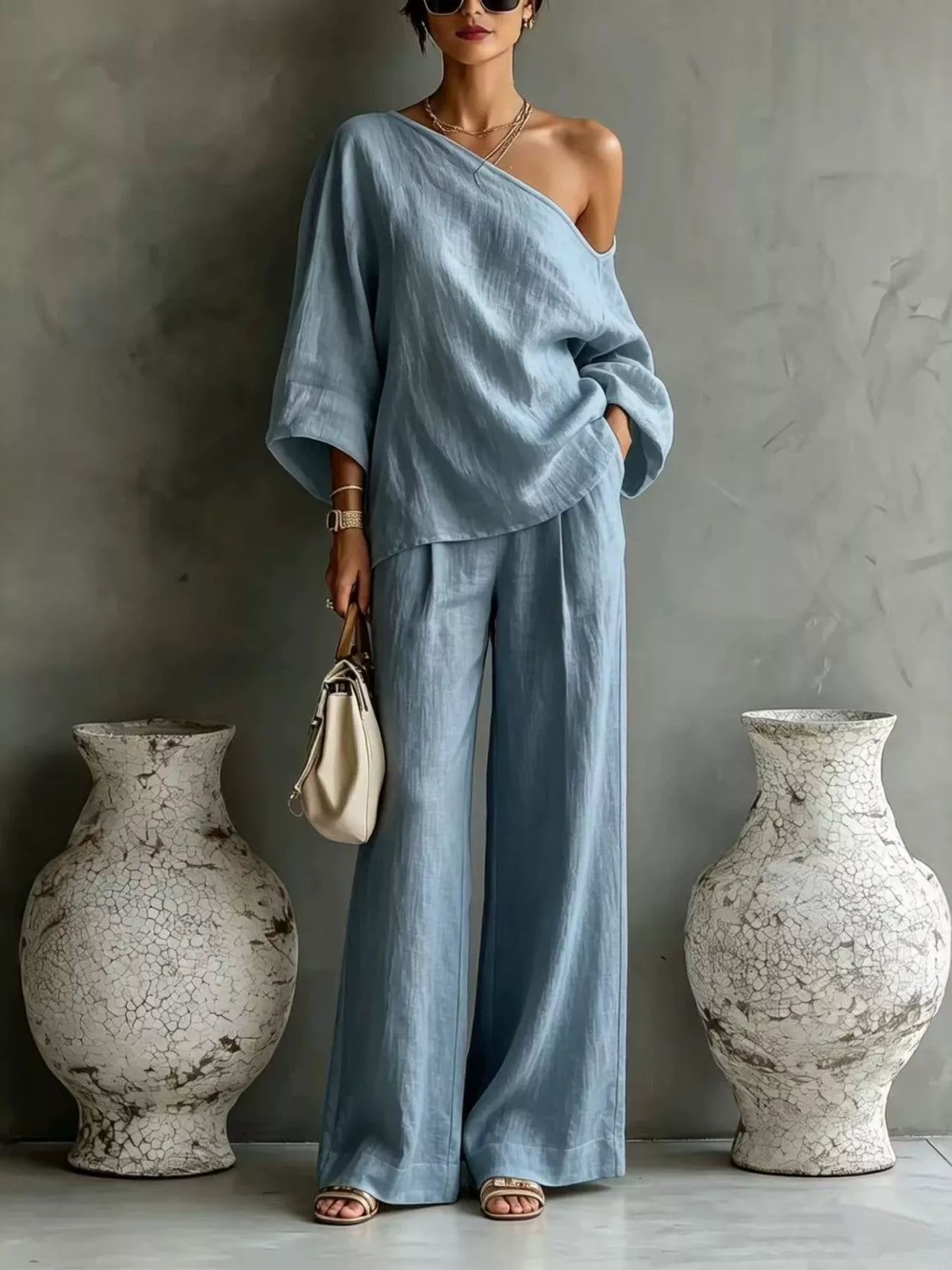 One Shoulder Top and Wide Leg Pants Set - Lilixa.store