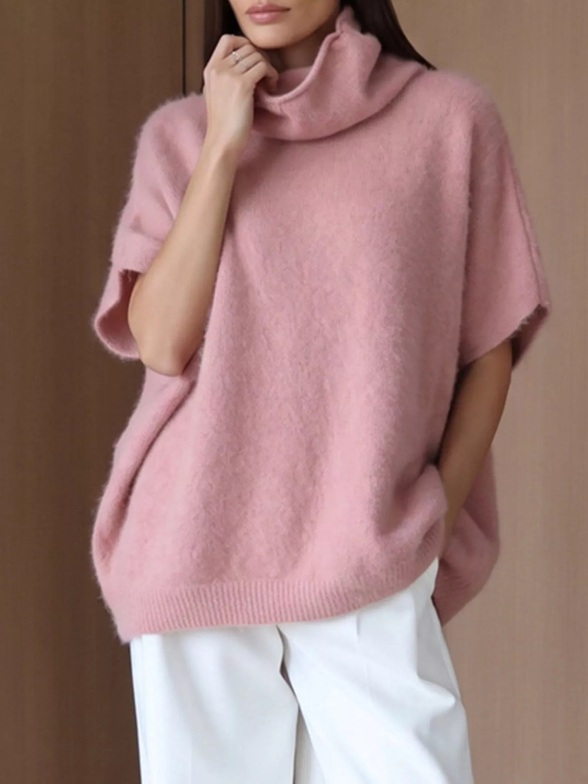 Turtleneck Fuzzy Short Sleeve Sweater, view 18