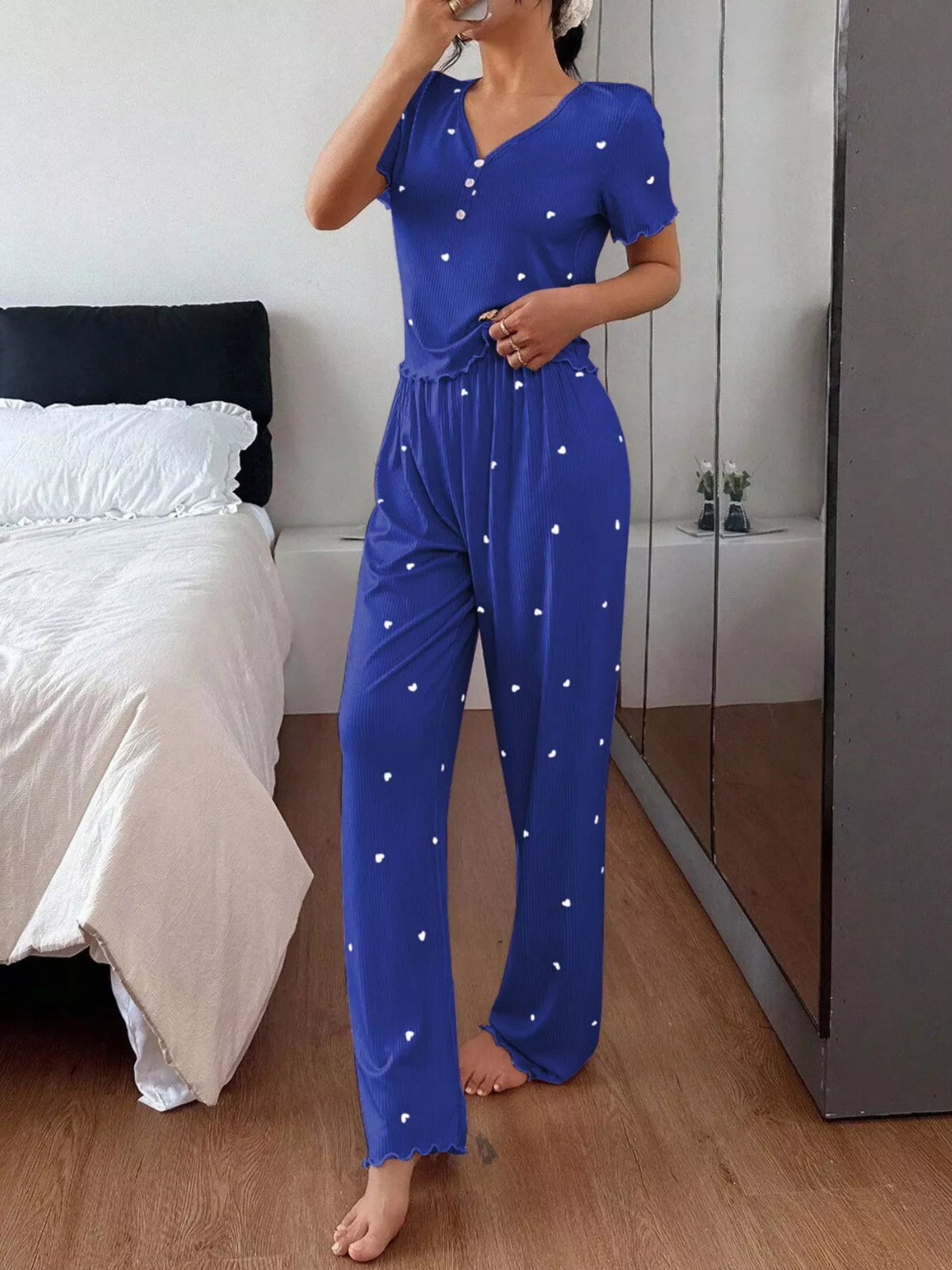 Heart Print Lettuce Trim Top and Pants Loungewear Set