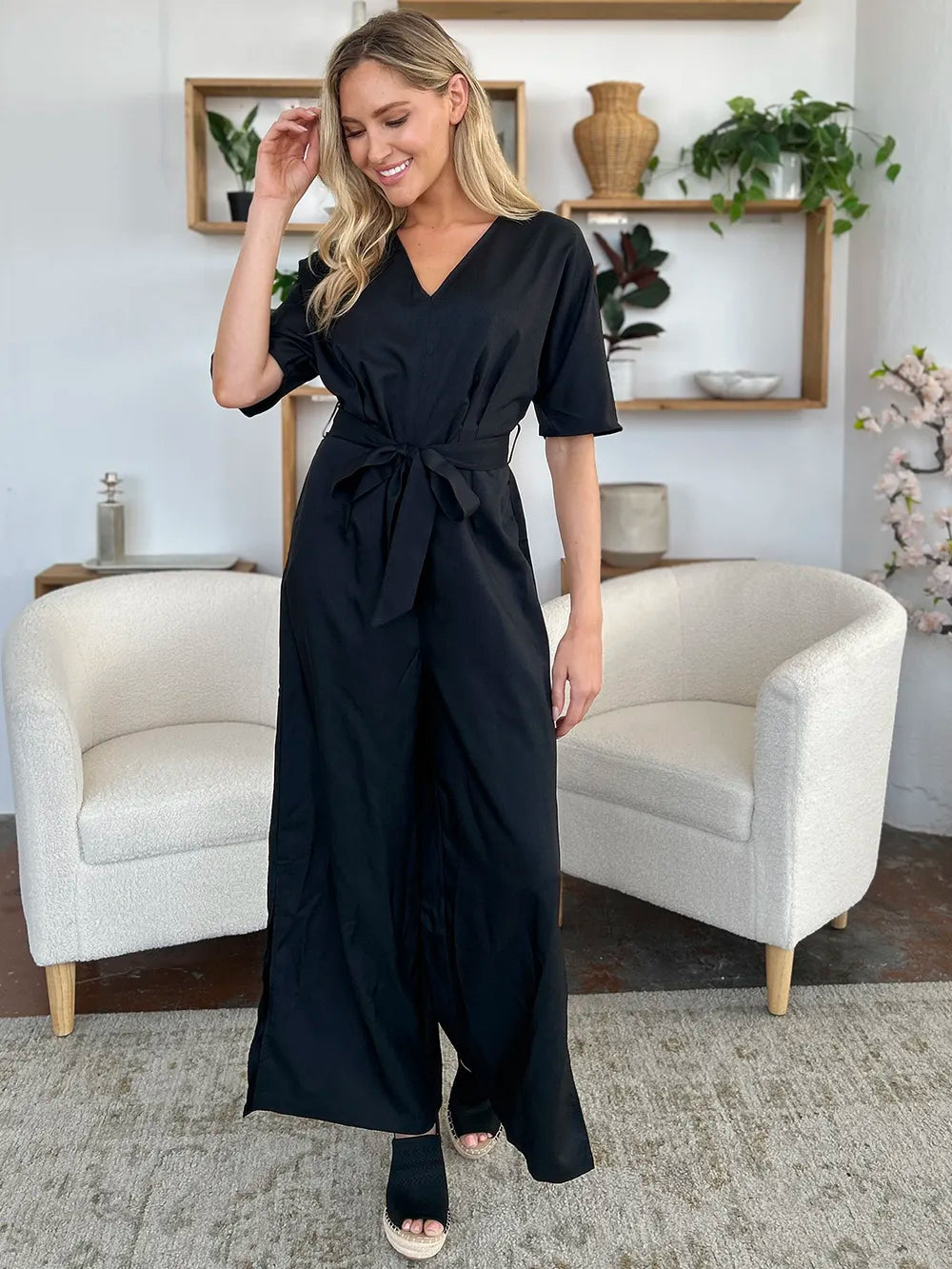 Double Take Full Size V-Neck Tied Side Slit Jumpsuit in Black, view 9