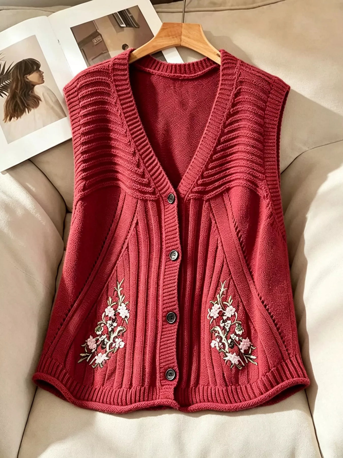 Floral Embroidered V-Neck Button-Down Sweater Vest - Lilixa.store