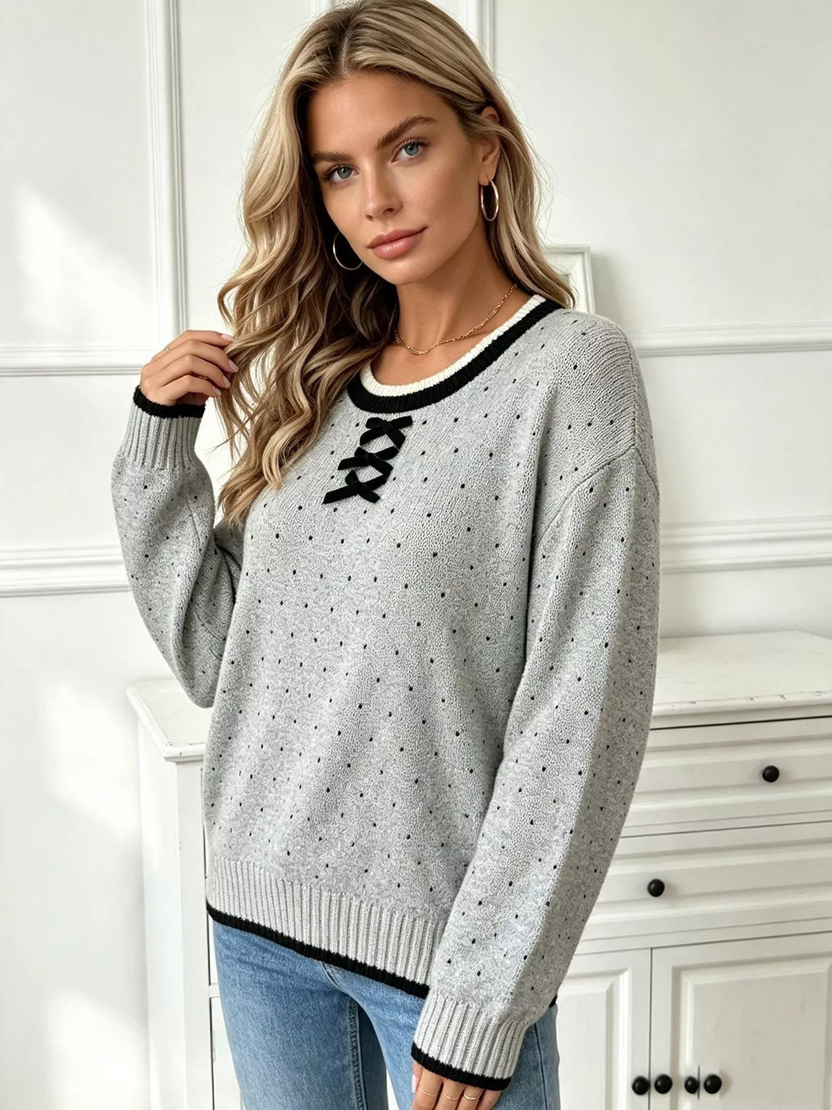 Polka Dot Lace-Up Detail Sweater in Gray