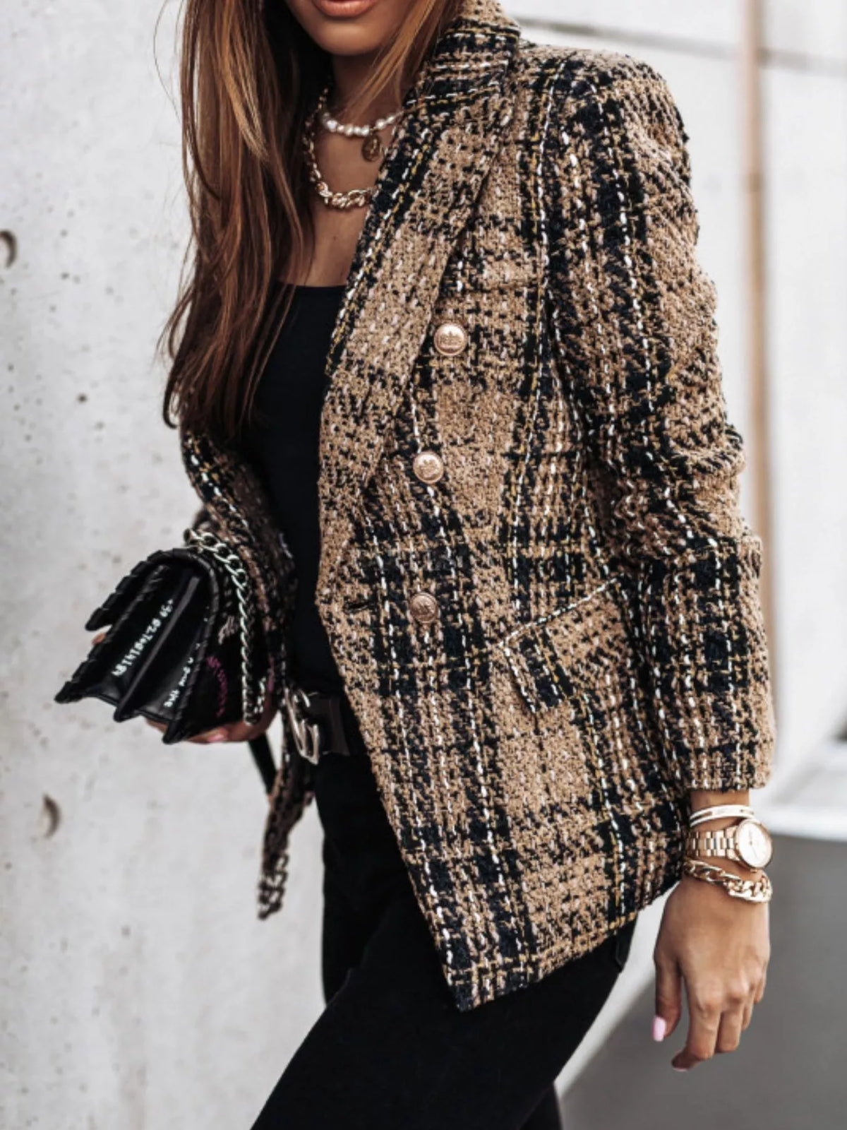 Full Size Plaid Tweed Double-Breasted Blazer Plus Size - Lilixa.store