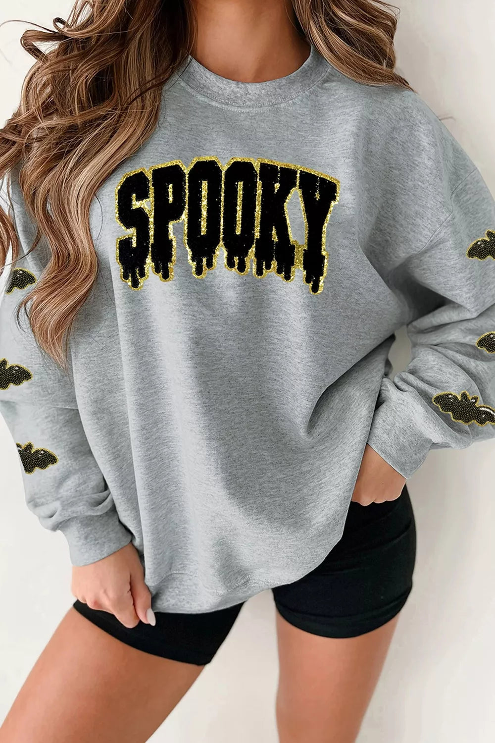 Sequin SPOOKY Halloween Bat Embellished Sleeve Pullover Sweatshirt - Lilixa.store