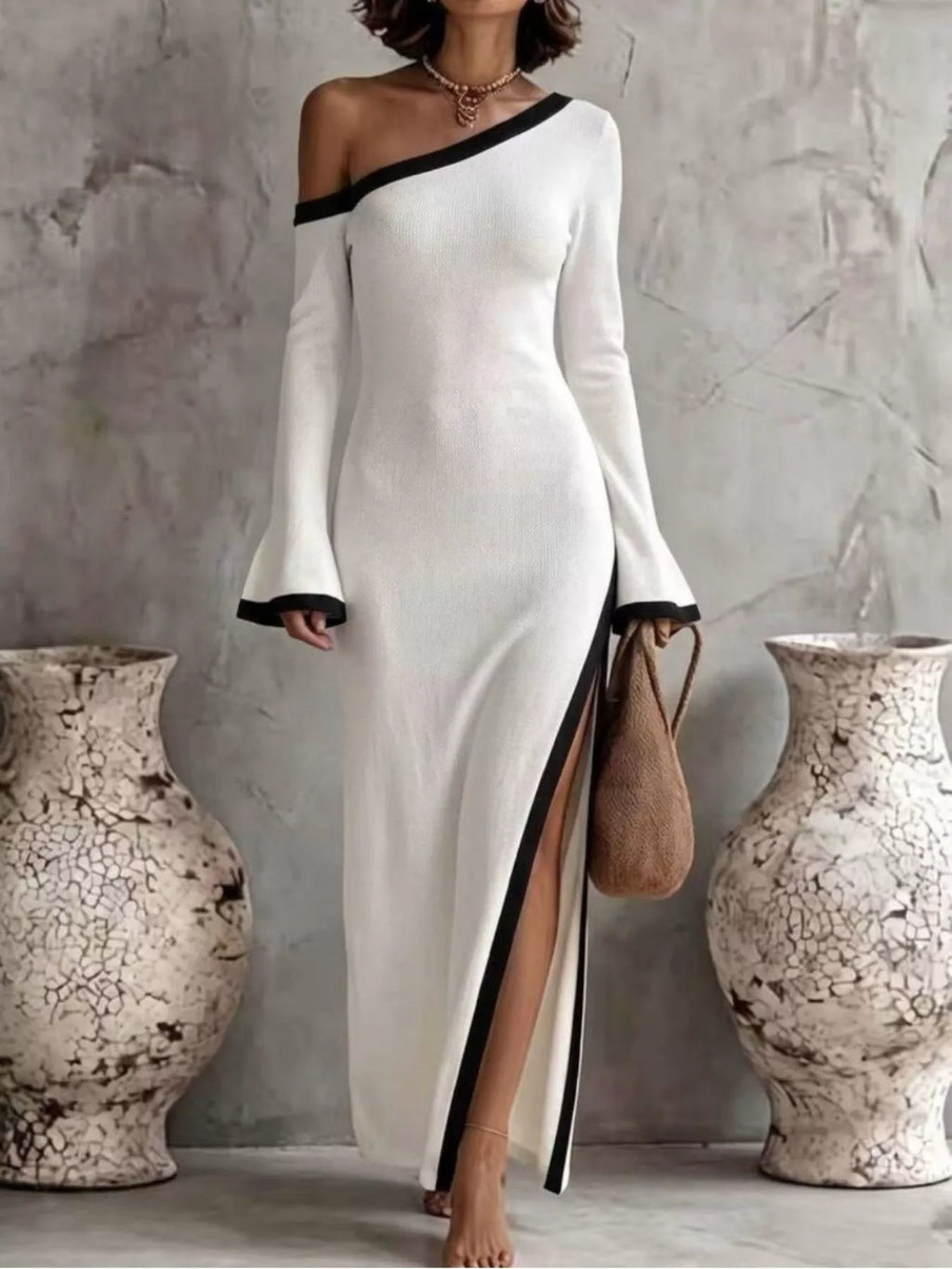 Slit One-Shoulder Contrast Trim Maxi Dress - Lilixa.store