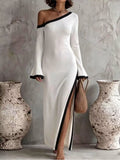 Slit One-Shoulder Contrast Trim Maxi Dress - Lilixa.store
